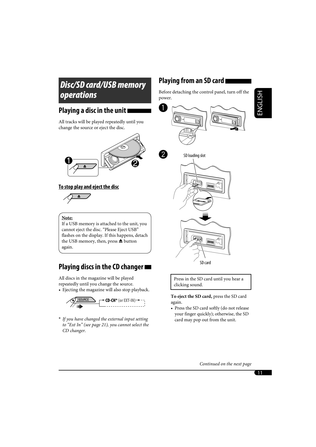 JVC KD-SH1000 manual Disc/SD card/USB memory operations 