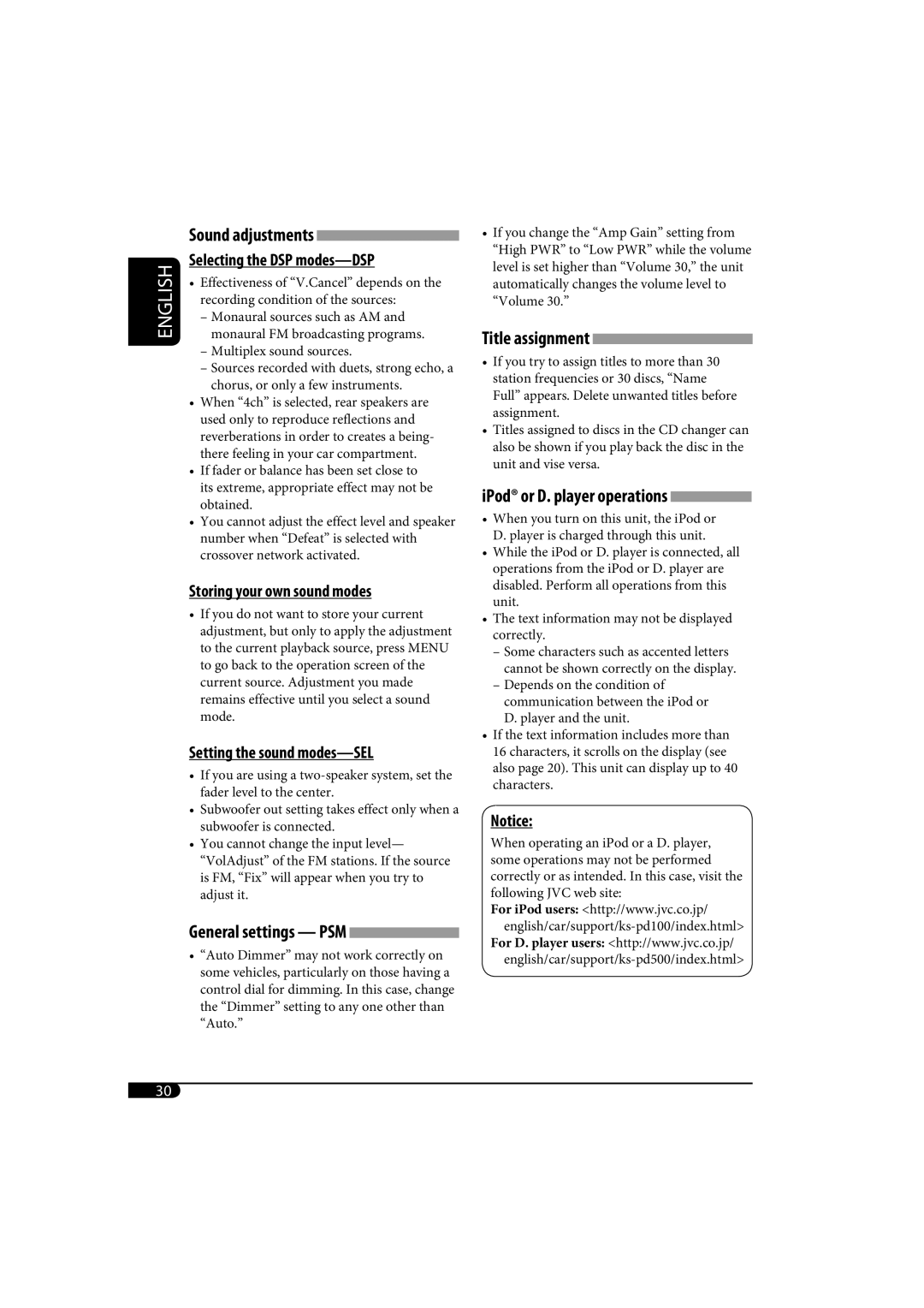 JVC KD-SH1000 manual Title assignment, General settings PSM 