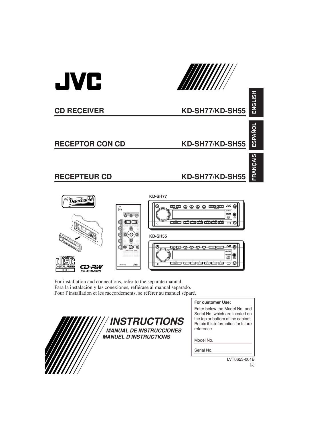 JVC manual CD Receiver Receptor CON CD Recepteur CD KD-SH77/KD-SH55, For customer Use 