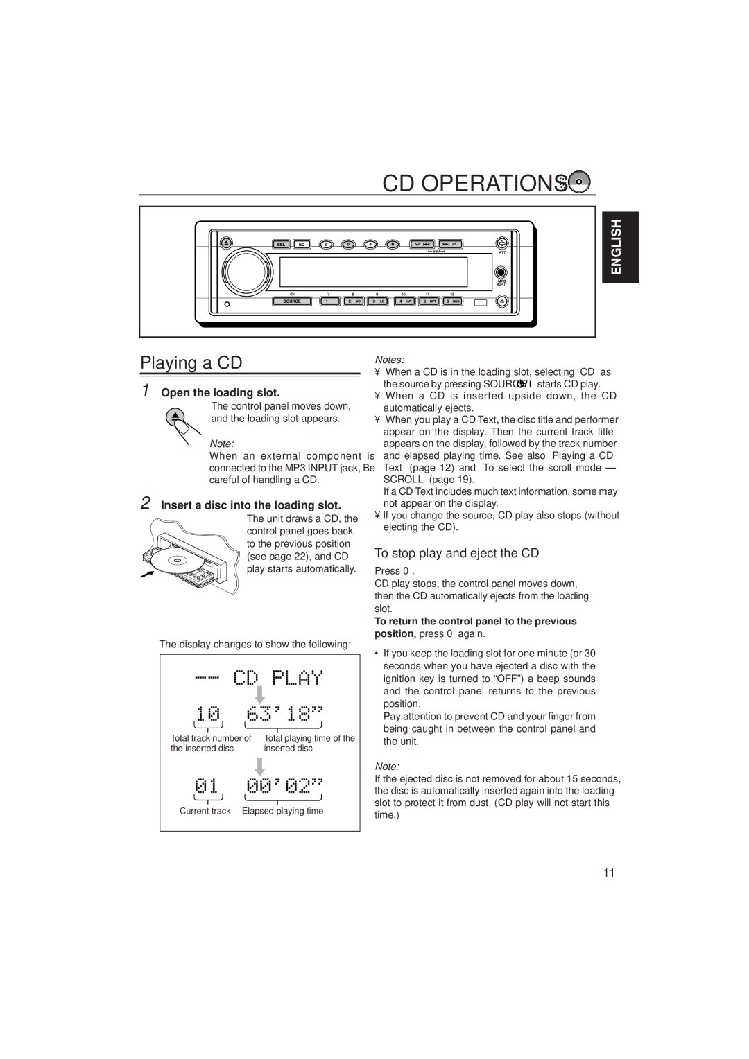 JVC KD-SH77, KD-SH55 manual CD Operations, Playing a CD, To stop play and eject the CD, Open the loading slot 