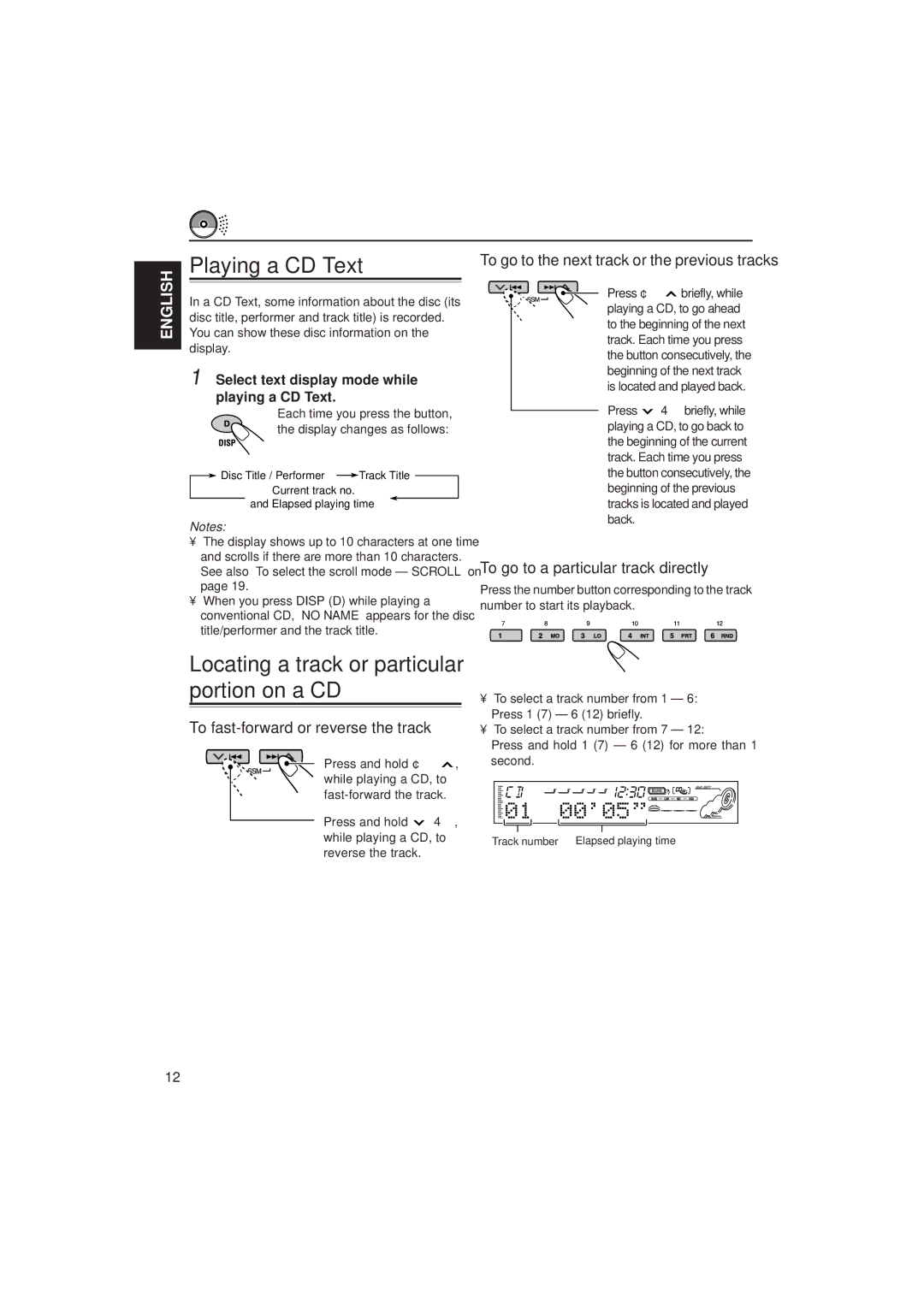 JVC KD-SH55, KD-SH77 manual Playing a CD Text, To go to a particular track directly, To fast-forward or reverse the track 