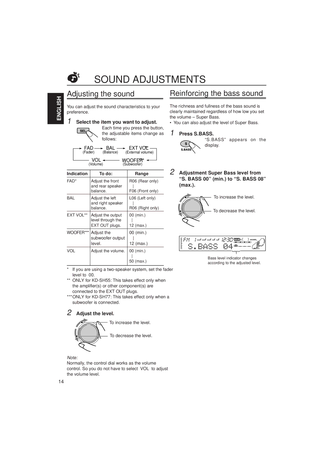 JVC KD-SH55, KD-SH77 manual Sound Adjustments, Adjusting the sound, Reinforcing the bass sound, Bal, Vol 