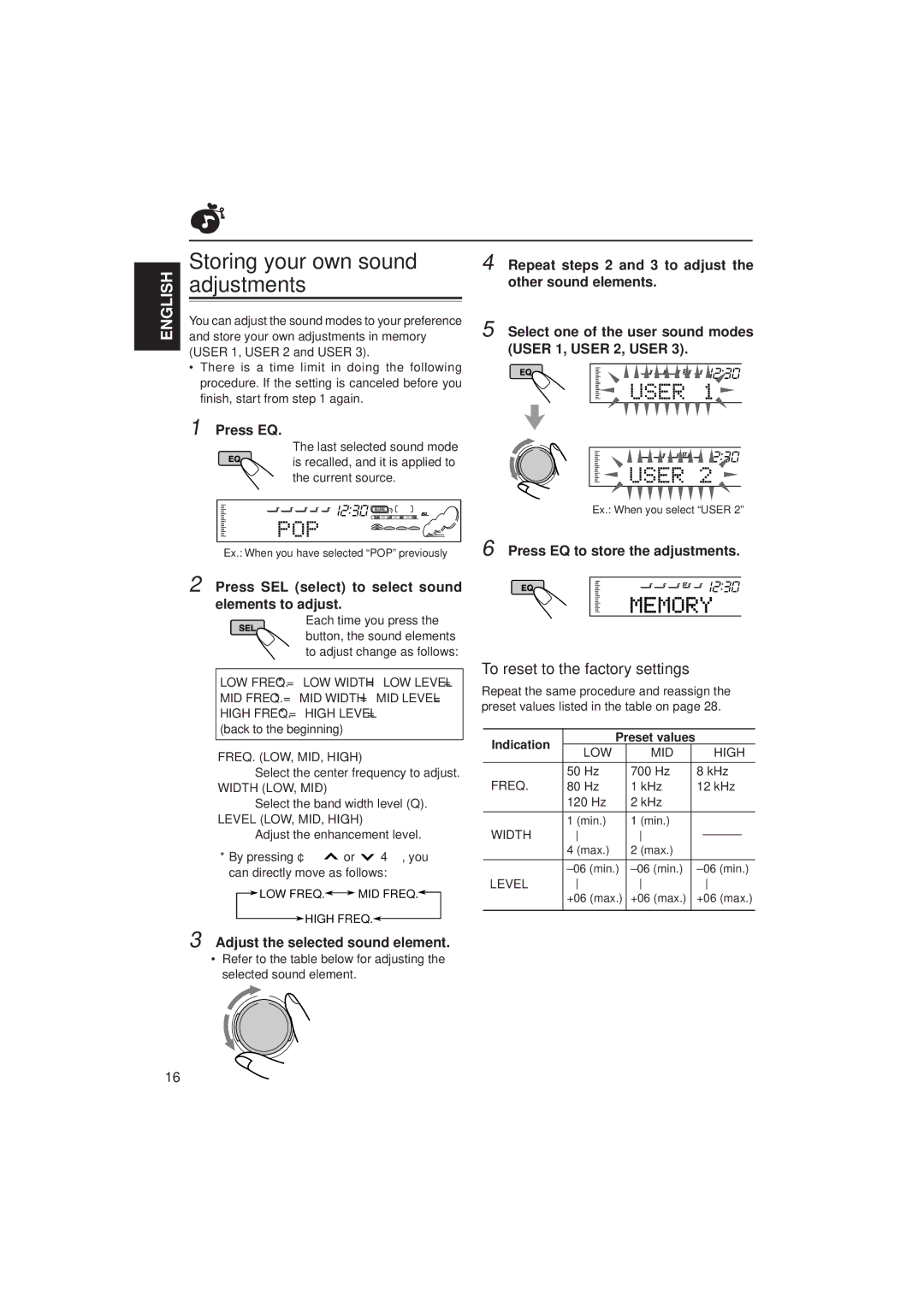 JVC KD-SH55 manual Storing your own sound adjustments, To reset to the factory settings, Adjust the selected sound element 