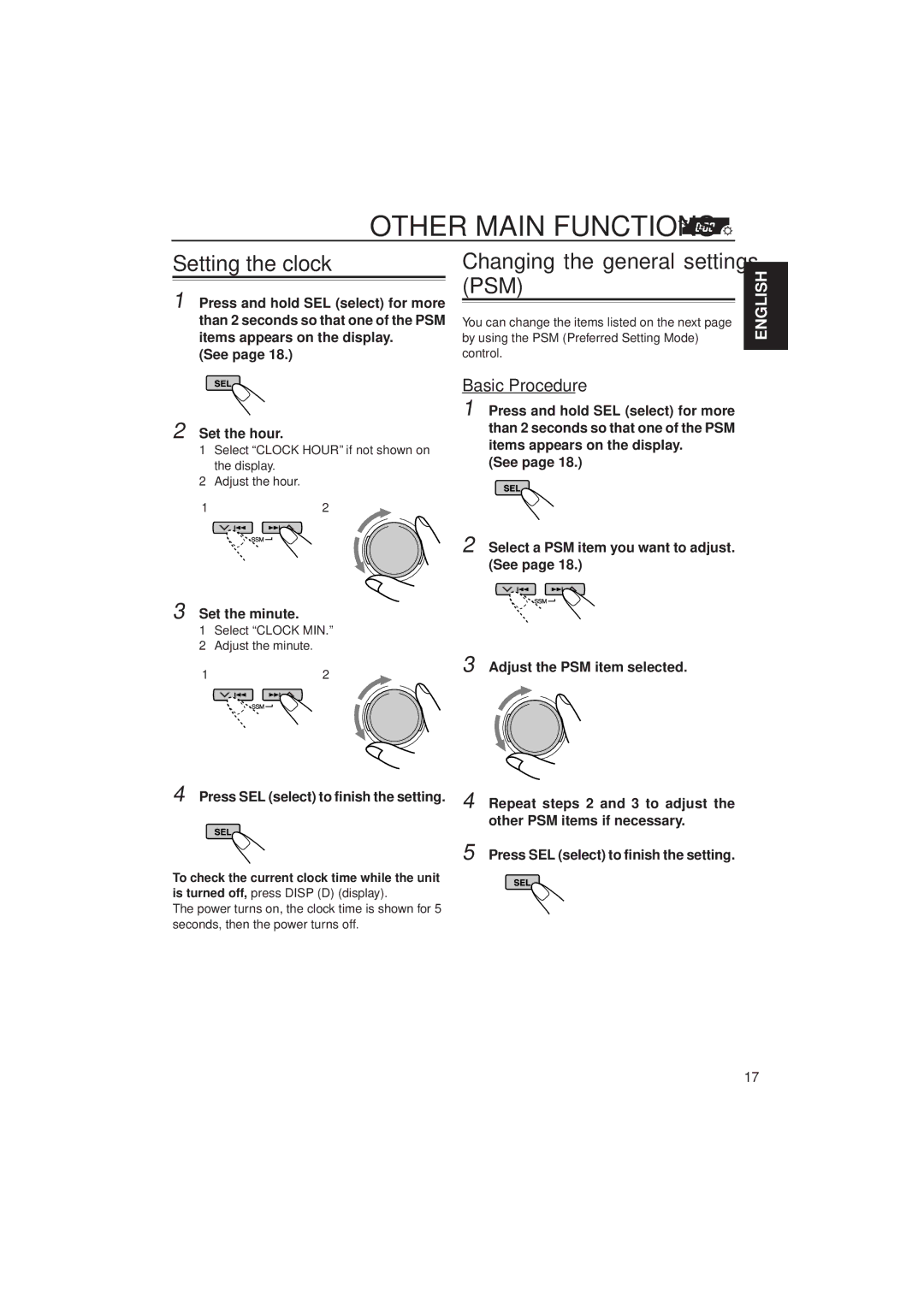 JVC KD-SH77, KD-SH55 manual Other Main Functions, Setting the clock, Changing the general settings PSM, Basic Procedure 