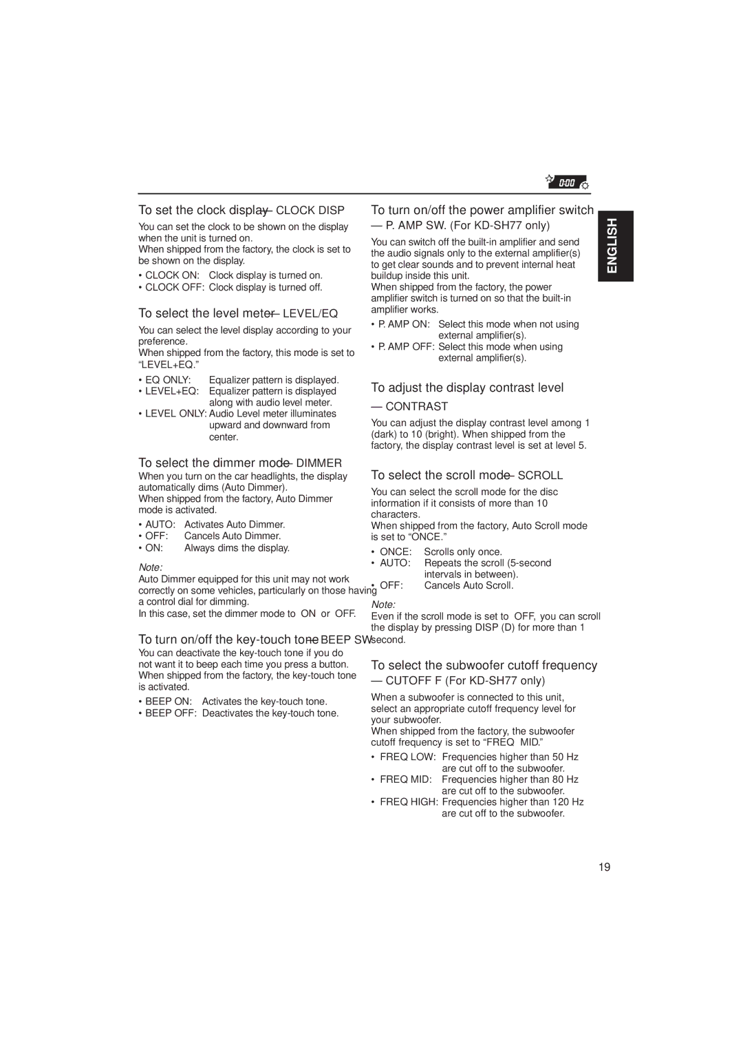 JVC KD-SH77 To set the clock display Clock Disp, To select the level meter LEVEL/EQ, To select the dimmer mode Dimmer 