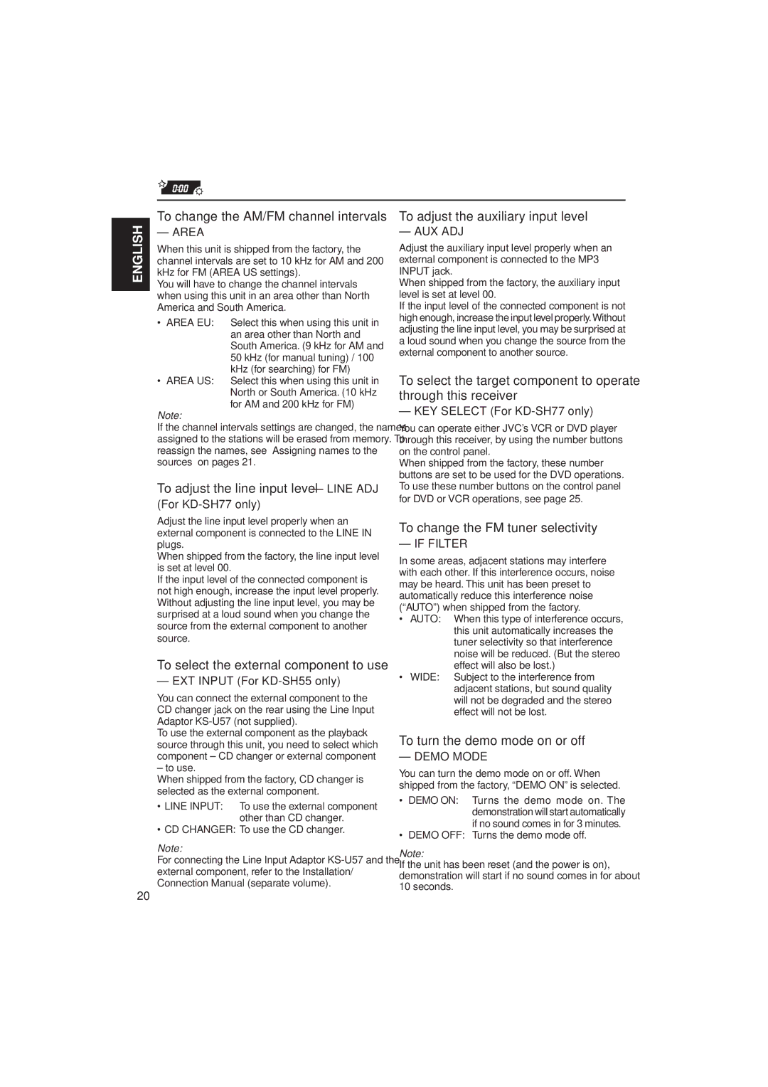 JVC KD-SH55 To adjust the line input level Line ADJ, To adjust the auxiliary input level, To turn the demo mode on or off 