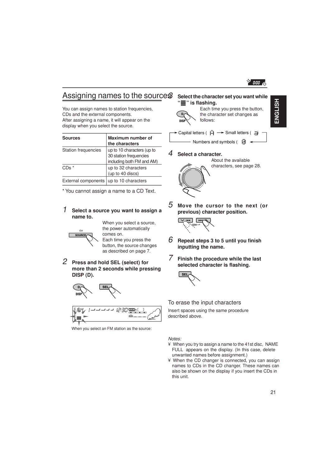 JVC KD-SH77, KD-SH55 manual To erase the input characters, Select a source you want to assign a name to, Select a character 