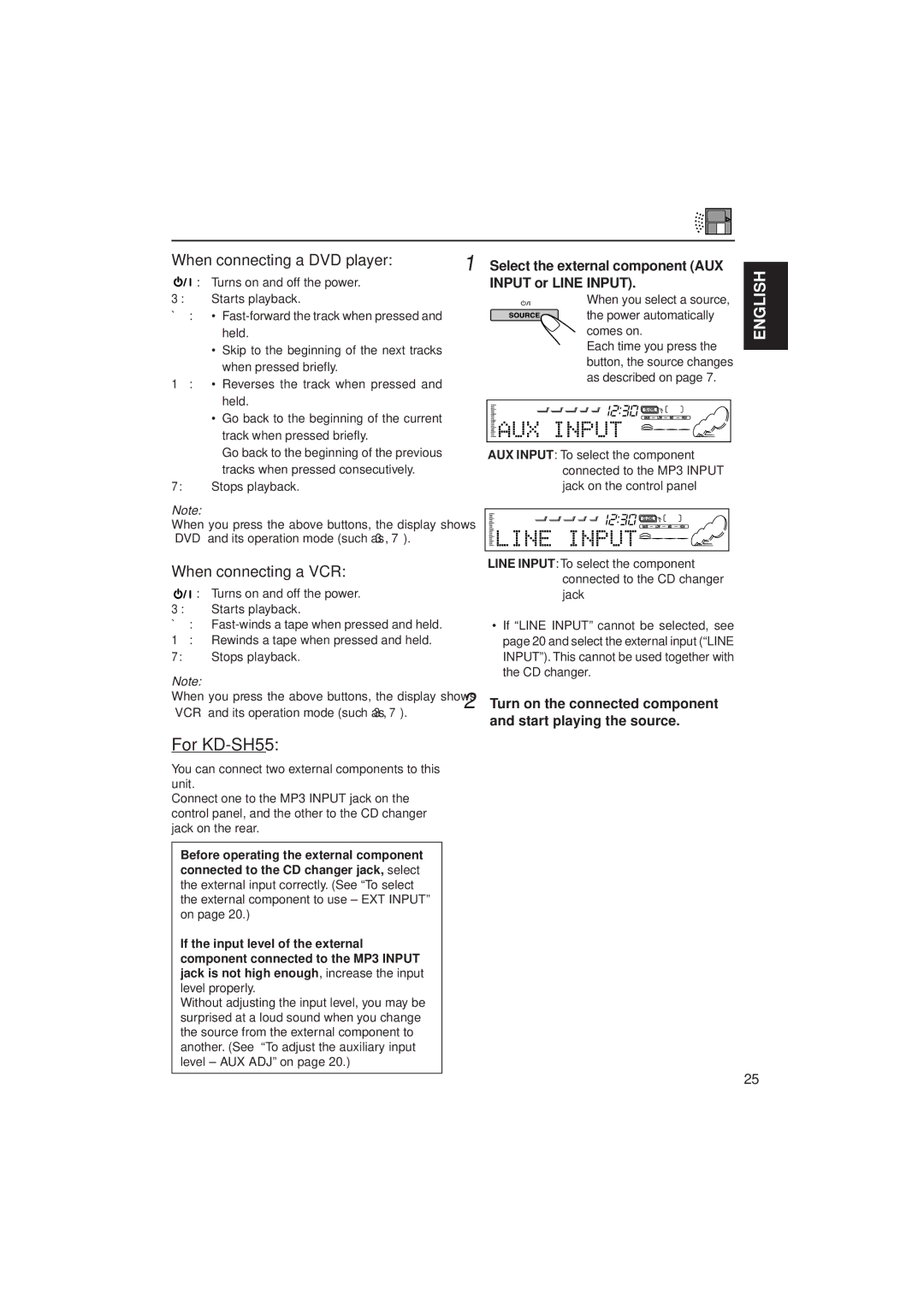 JVC KD-SH77 manual For KD-SH55, When connecting a DVD player, When connecting a VCR 