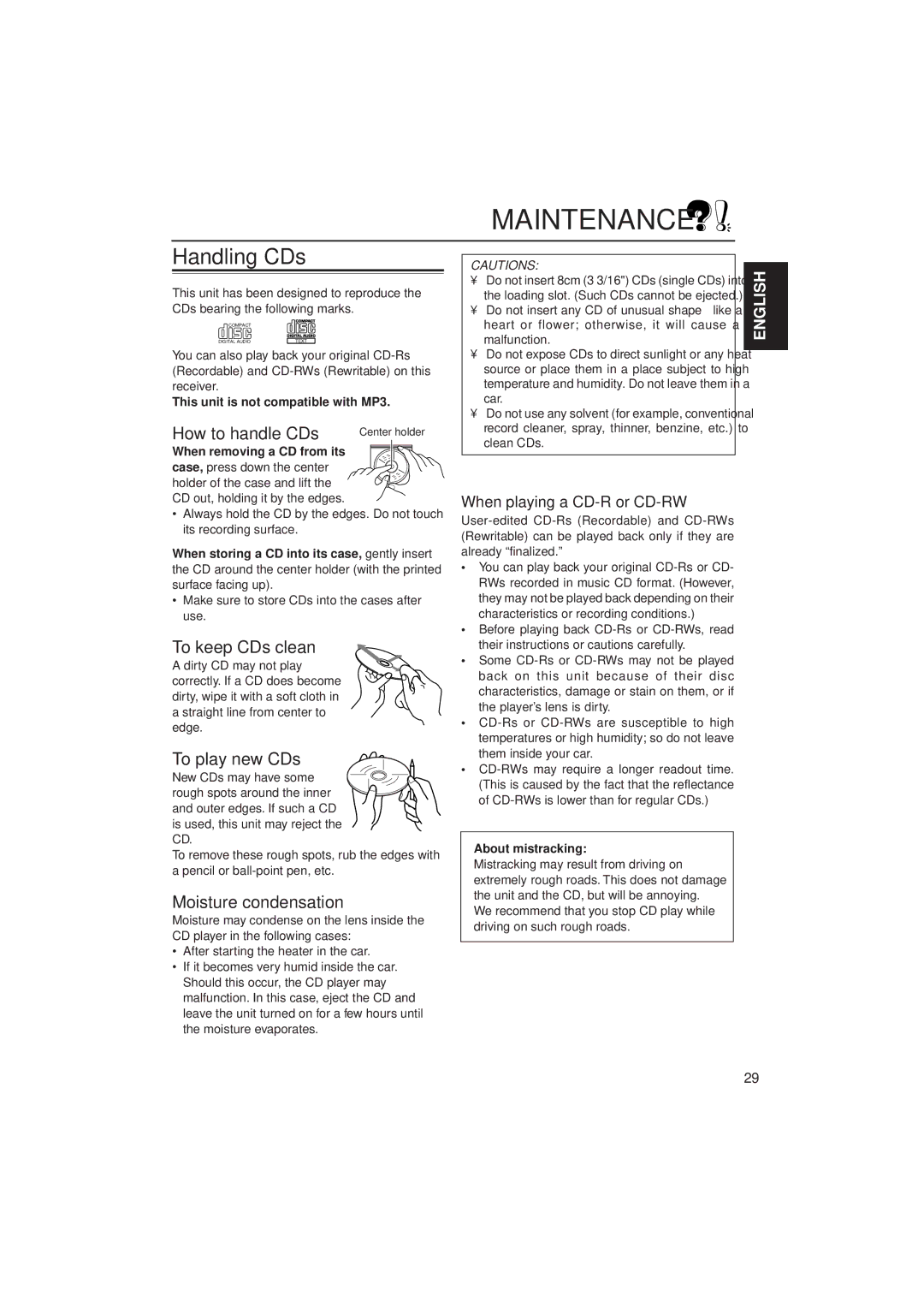 JVC KD-SH77, KD-SH55 manual Maintenance, Handling CDs 