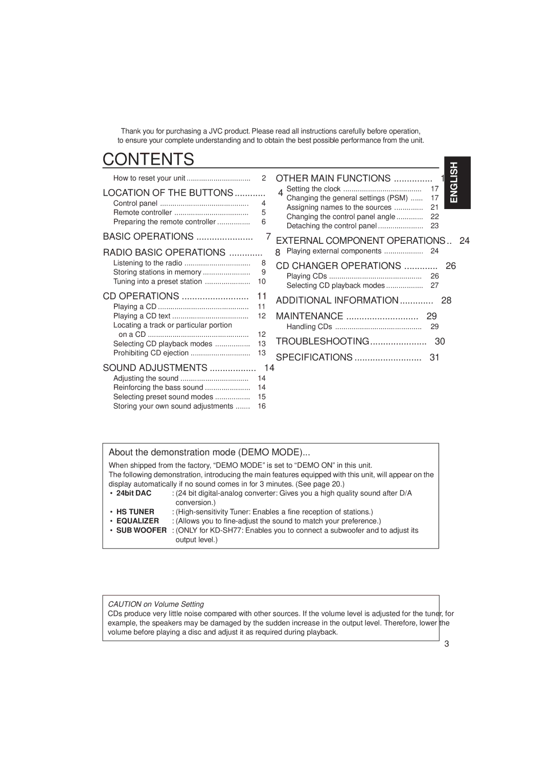 JVC KD-SH77, KD-SH55 manual Contents 