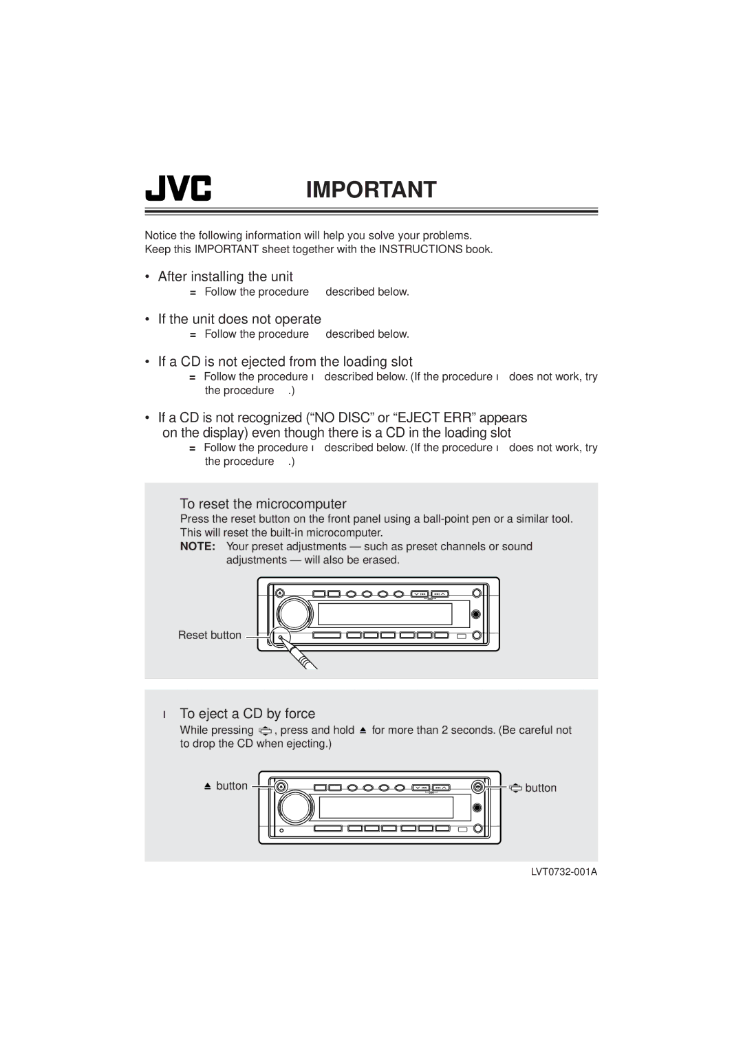 JVC KD-SH55, KD-SH77 manual If a CD is not ejected from the loading slot, LVT0732-001A 