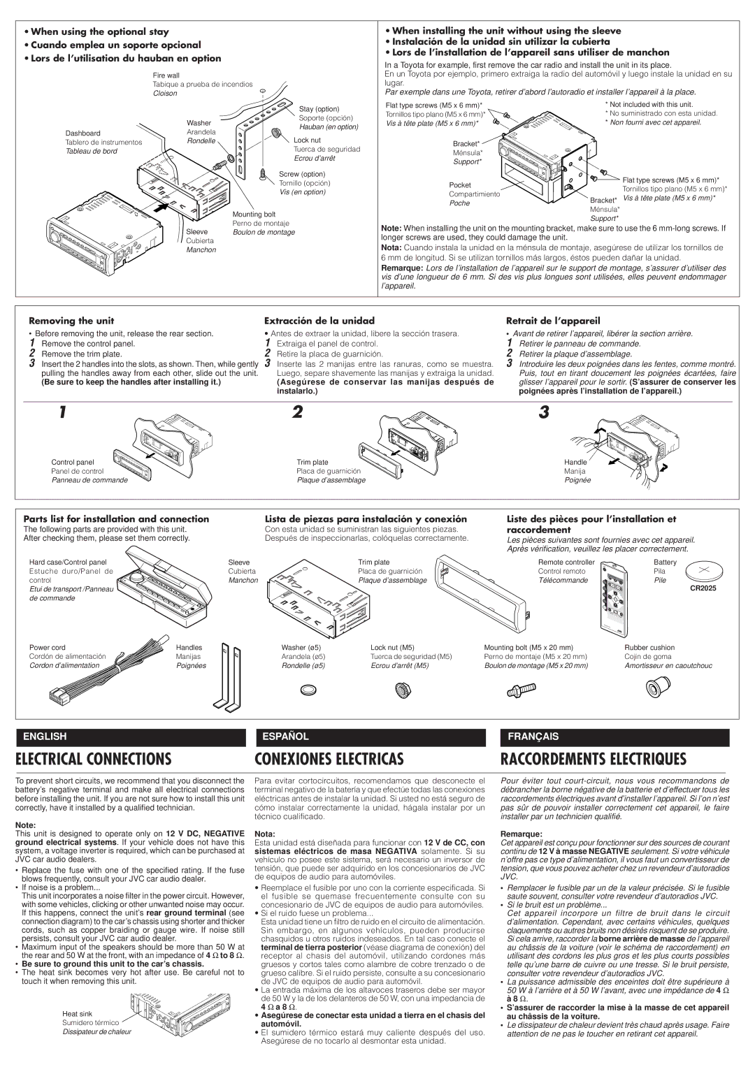 JVC KD-SH55 Be sure to keep the handles after installing it, Asegúrese de conservar las manijas después de instalarlo 