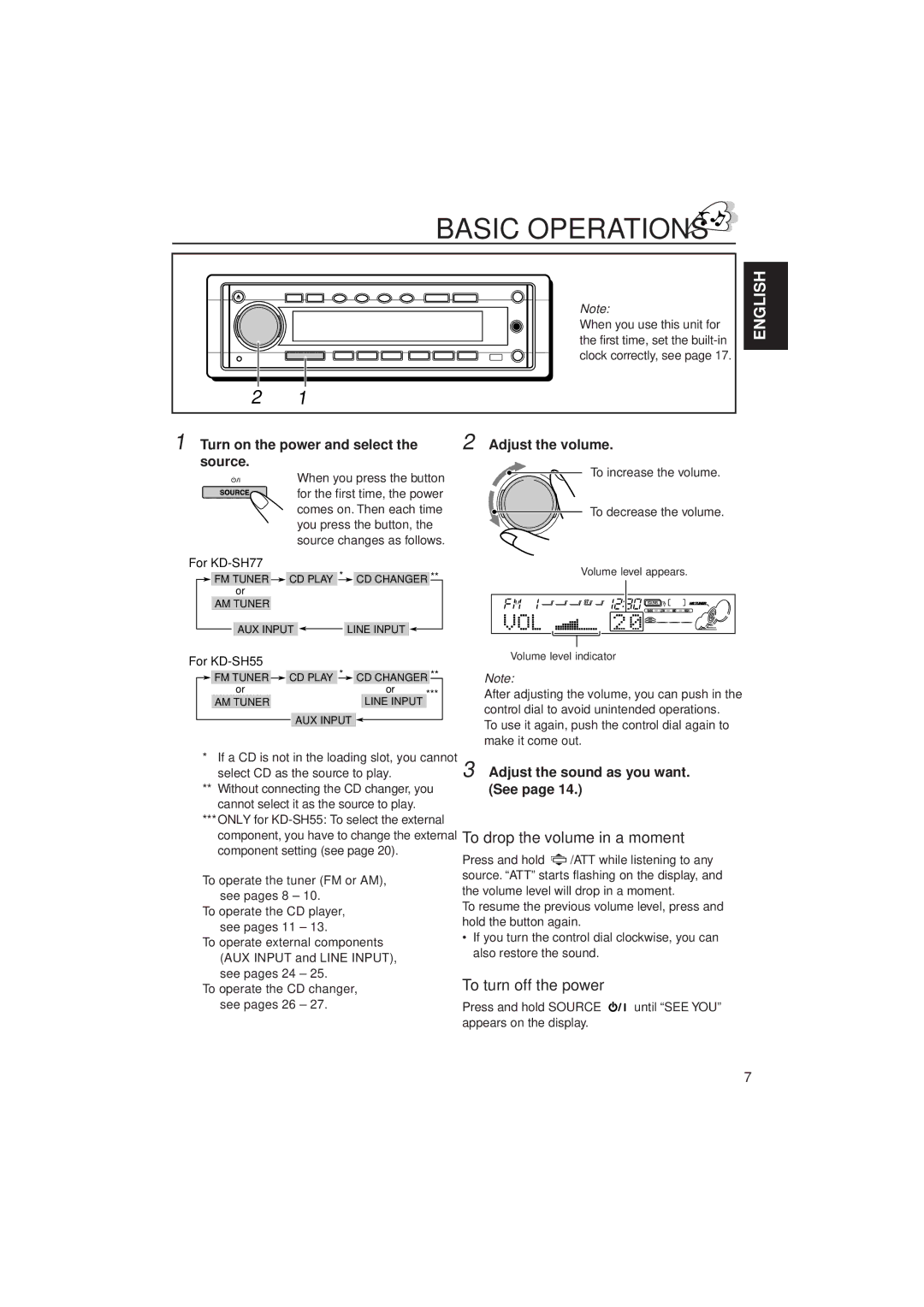 JVC KD-SH77, KD-SH55 manual Basic Operations, To drop the volume in a moment, To turn off the power 