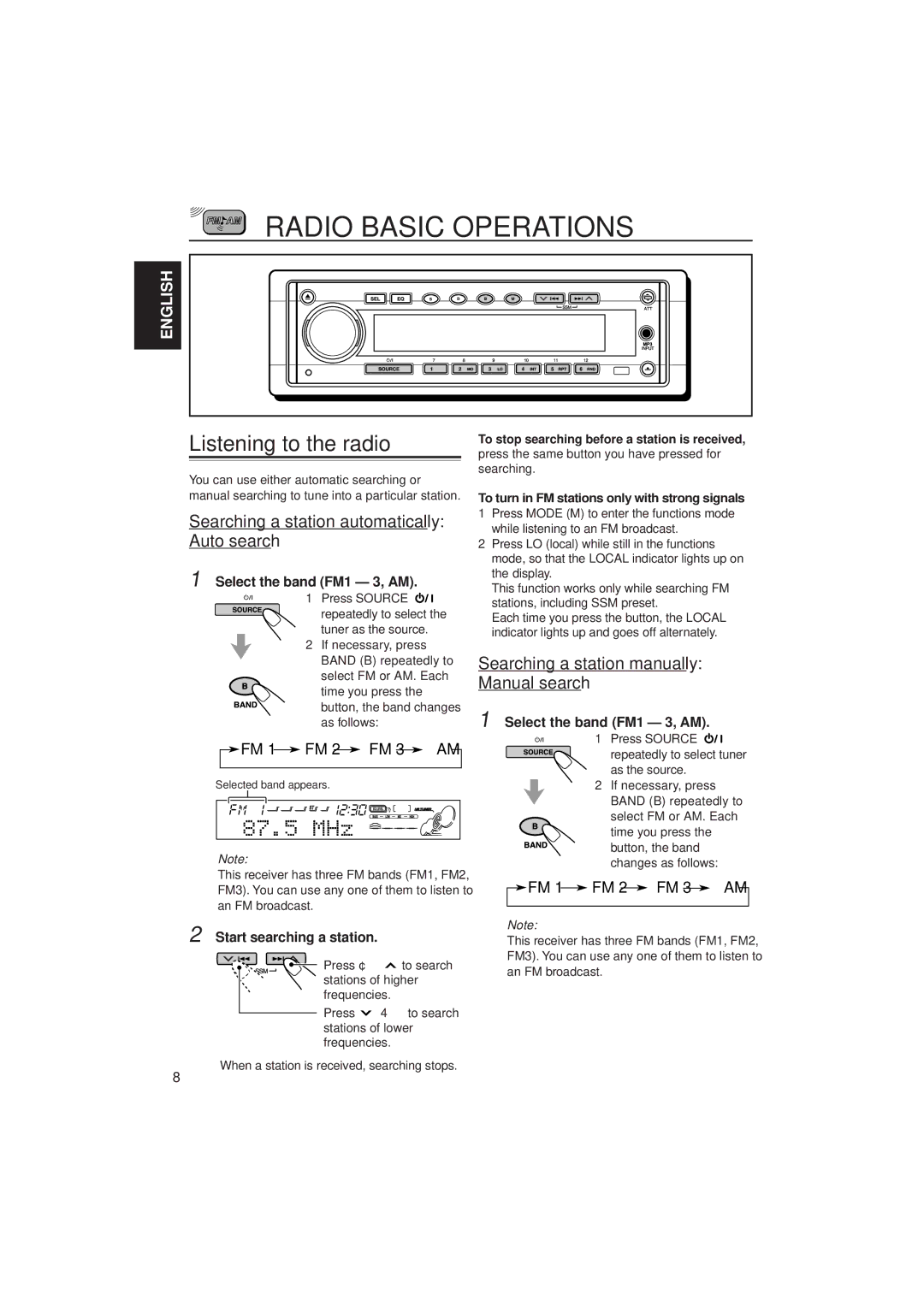 JVC KD-SH55, KD-SH77 manual Radio Basic Operations, Listening to the radio, Searching a station automatically Auto search 