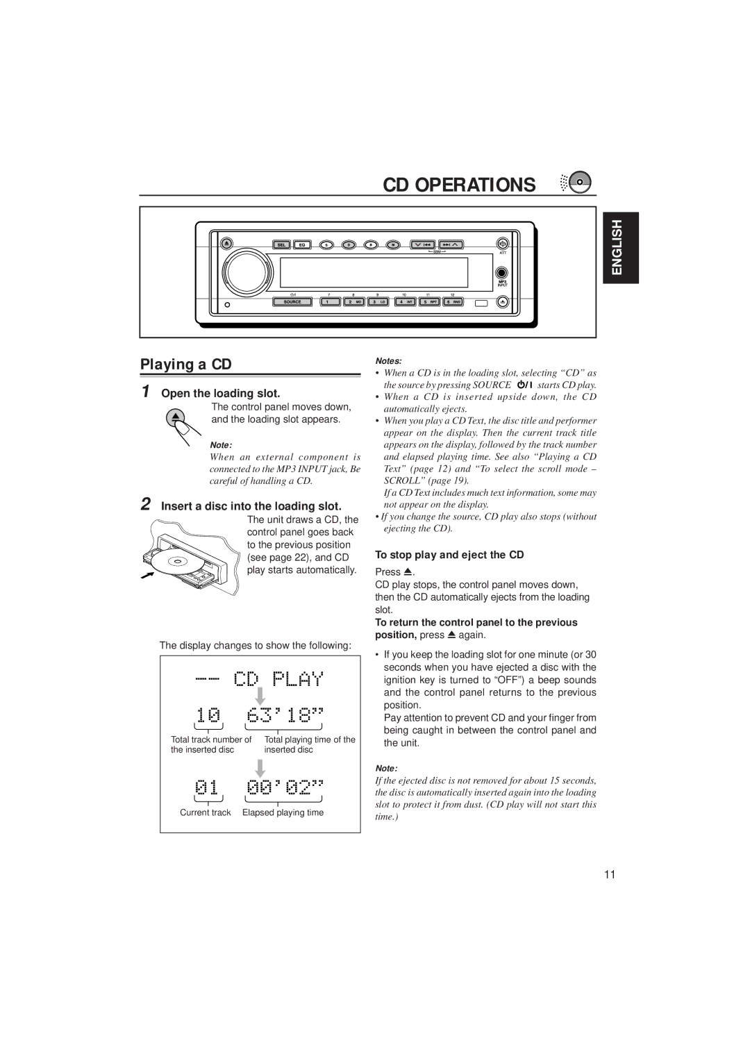 JVC KD-SH55 manual CD Operations, Playing a CD, To stop play and eject the CD, Open the loading slot 