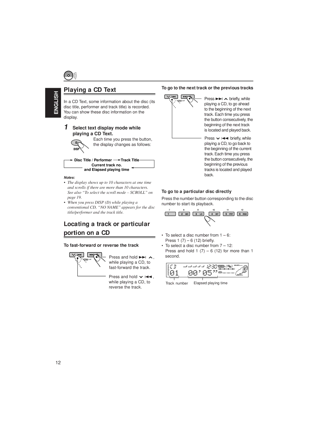 JVC KD-SH55 manual Playing a CD Text, To go to a particular disc directly, To fast-forward or reverse the track 