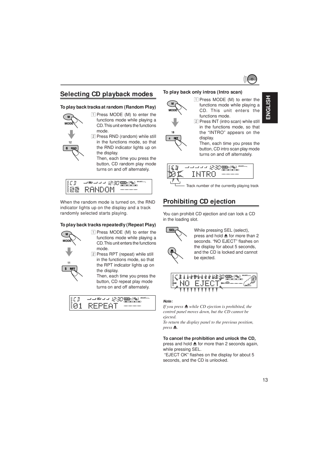 JVC KD-SH55 manual Prohibiting CD ejection, To play back only intros Intro scan, To play back tracks at random Random Play 