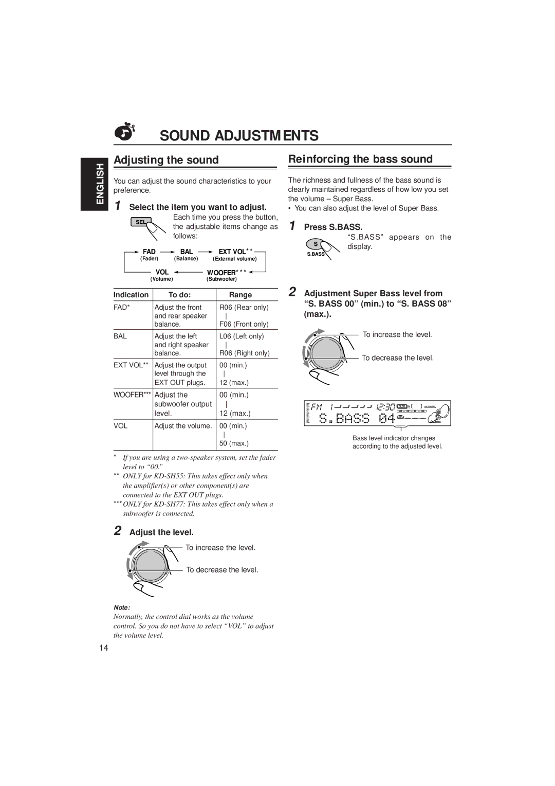 JVC KD-SH55 manual Sound Adjustments, Adjusting the sound, Reinforcing the bass sound, Bal, Vol 