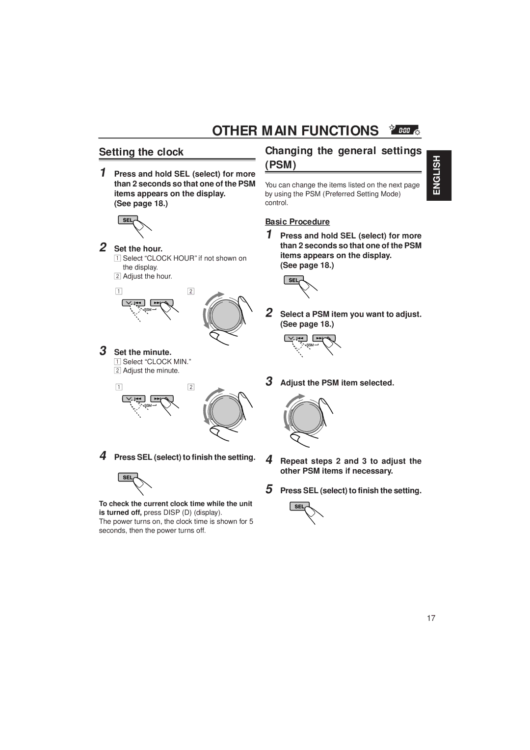 JVC KD-SH55 manual Other Main Functions, Setting the clock, Changing the general settings PSM, Basic Procedure 