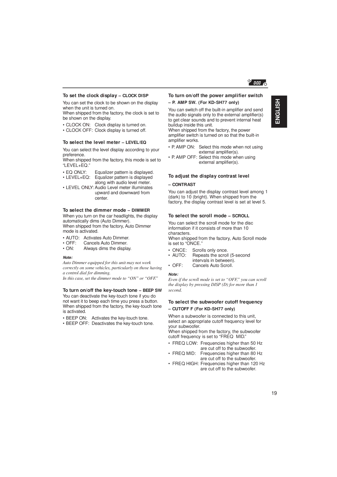 JVC KD-SH55 To set the clock display Clock Disp, To select the level meter LEVEL/EQ, To select the dimmer mode Dimmer 