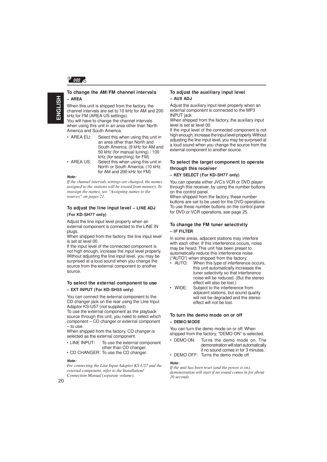 JVC KD-SH55 To adjust the line input level Line ADJ, To adjust the auxiliary input level, To turn the demo mode on or off 