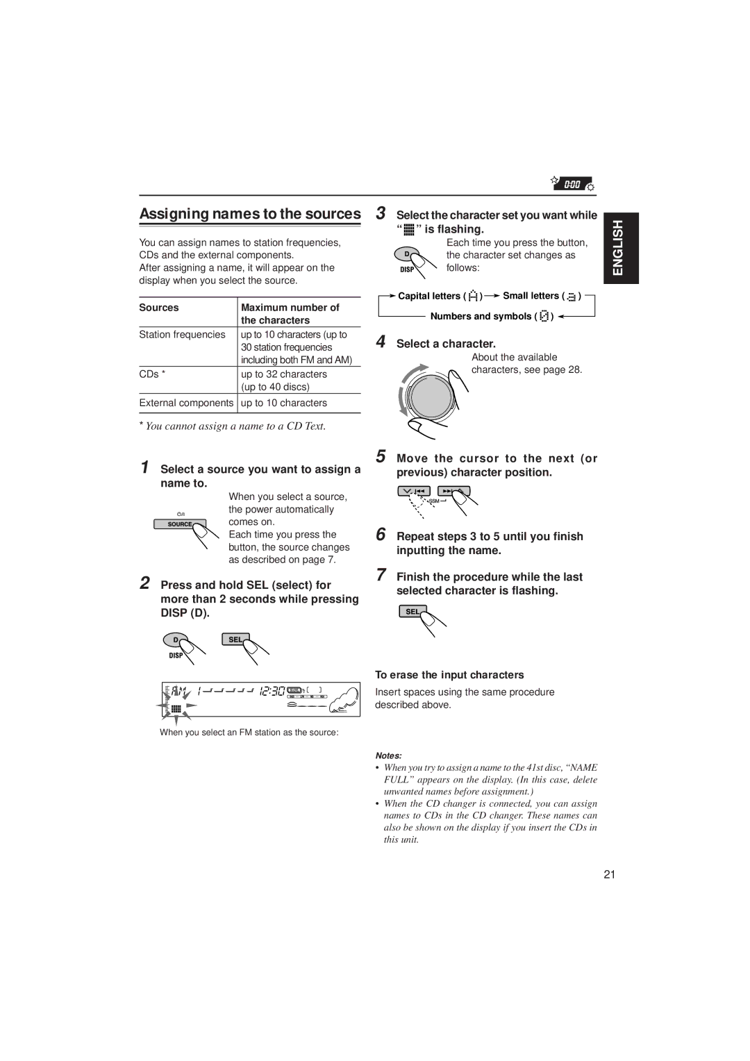 JVC KD-SH55 manual To erase the input characters, Select a source you want to assign a name to, Select a character 