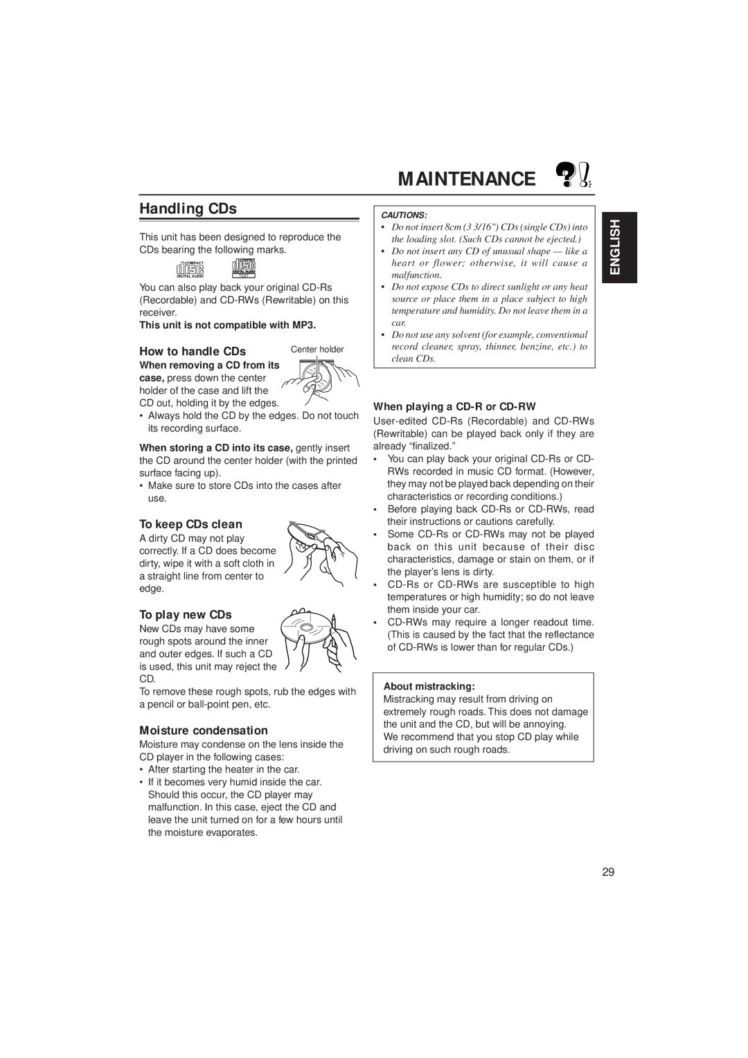 JVC KD-SH55 manual Maintenance, Handling CDs 