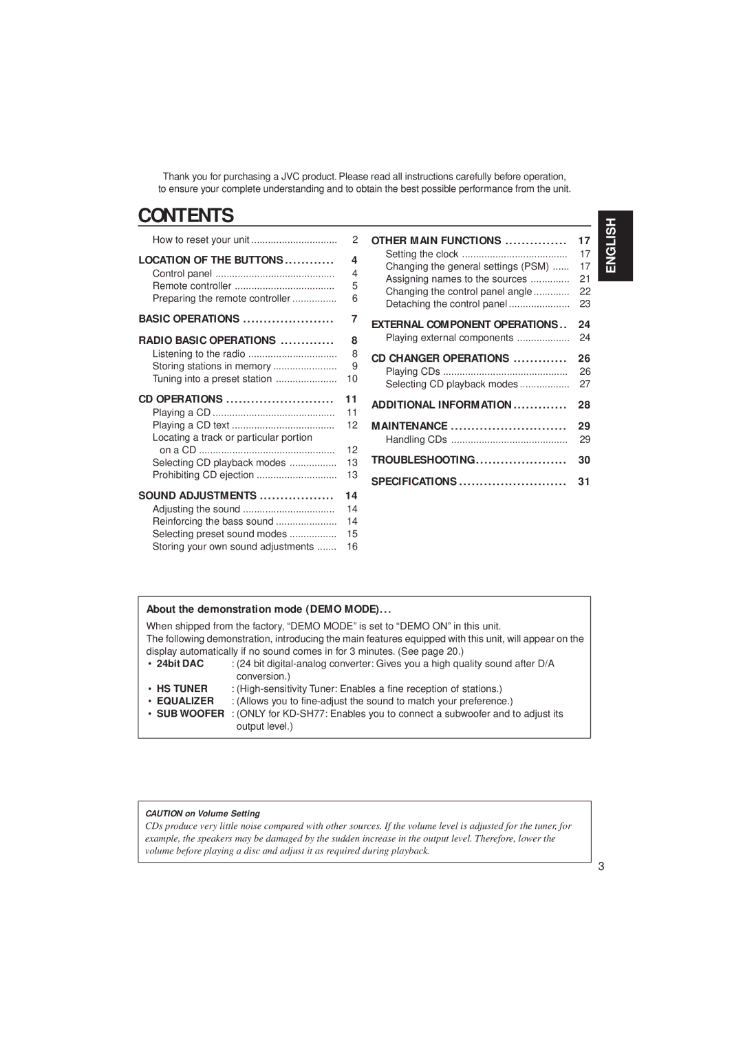 JVC KD-SH55 manual Contents 