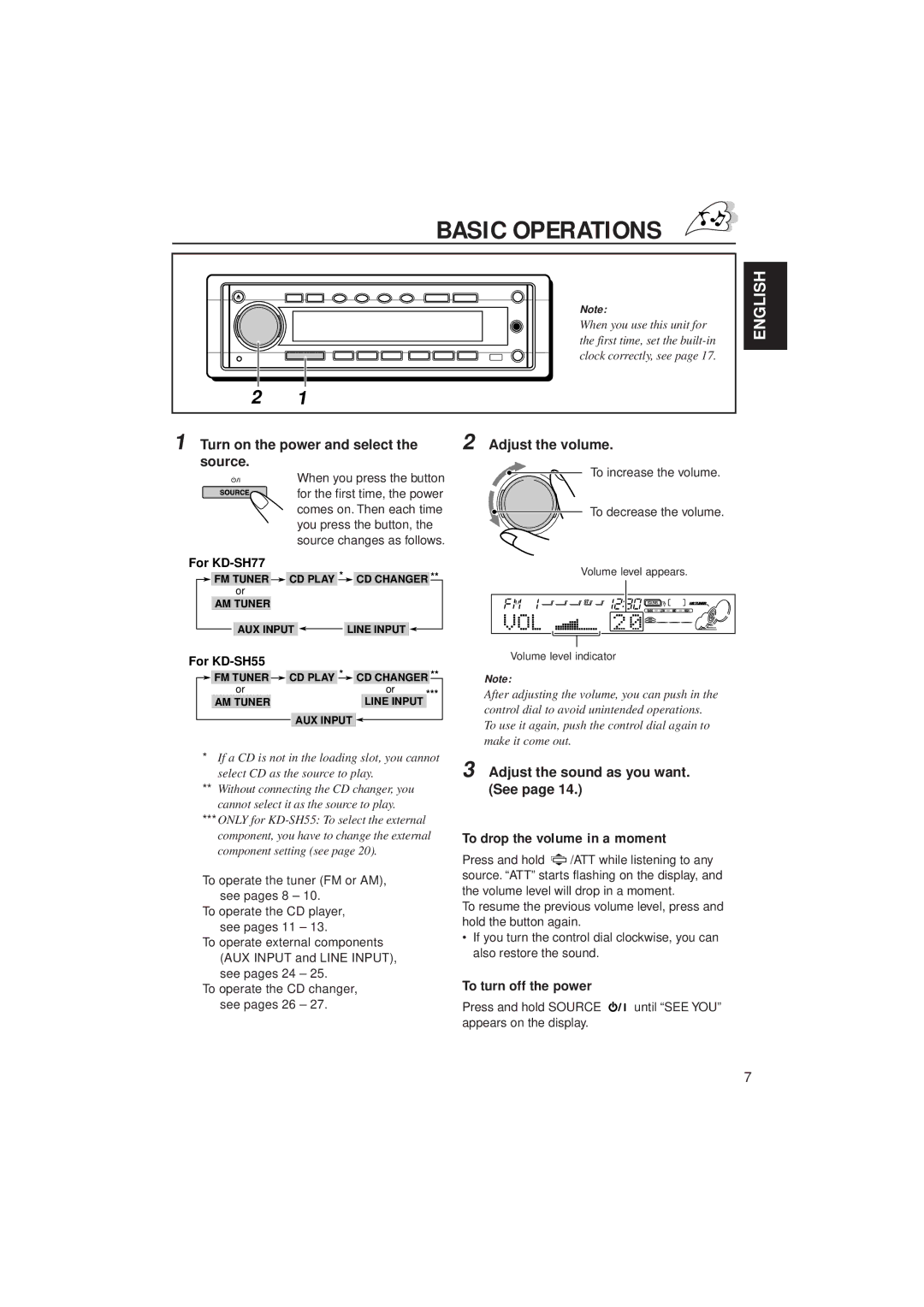 JVC KD-SH55 manual Basic Operations, To drop the volume in a moment, To turn off the power 