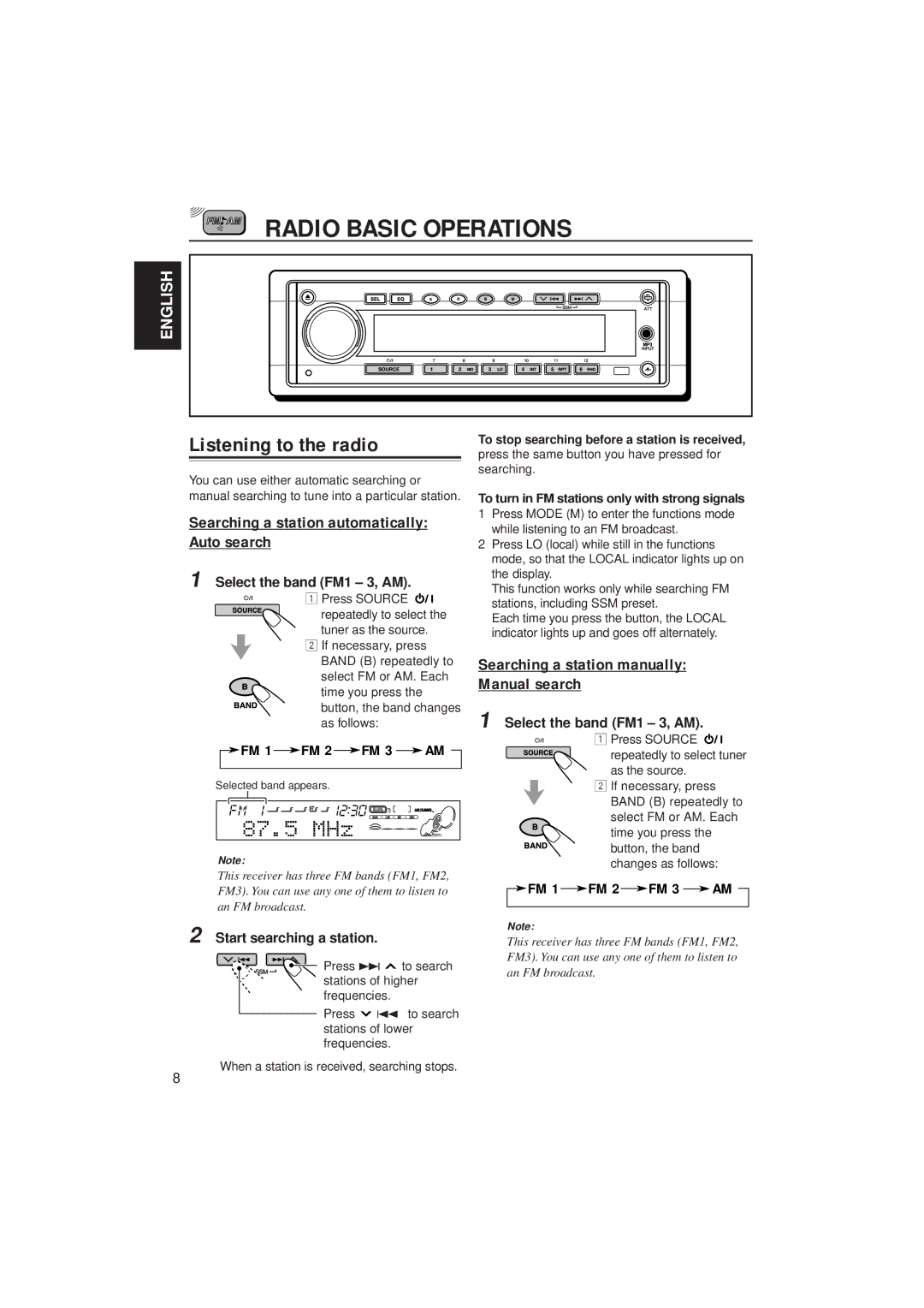 JVC KD-SH55 manual Radio Basic Operations, Listening to the radio, Searching a station automatically Auto search 