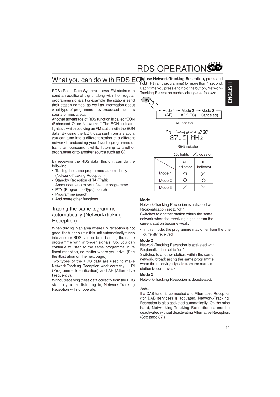 JVC KD-SH77R, KD-SH55R manual RDS Operations, Mode 1 Mode 2 Mode 