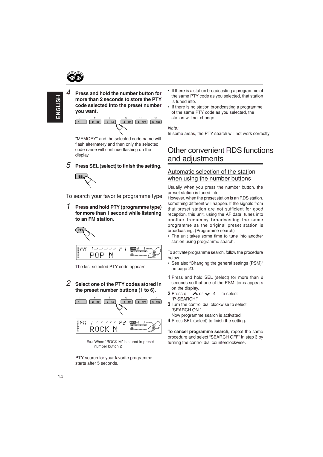 JVC KD-SH55R, KD-SH77R manual Press and hold the number button for, More than 2 seconds to store the PTY, You want 