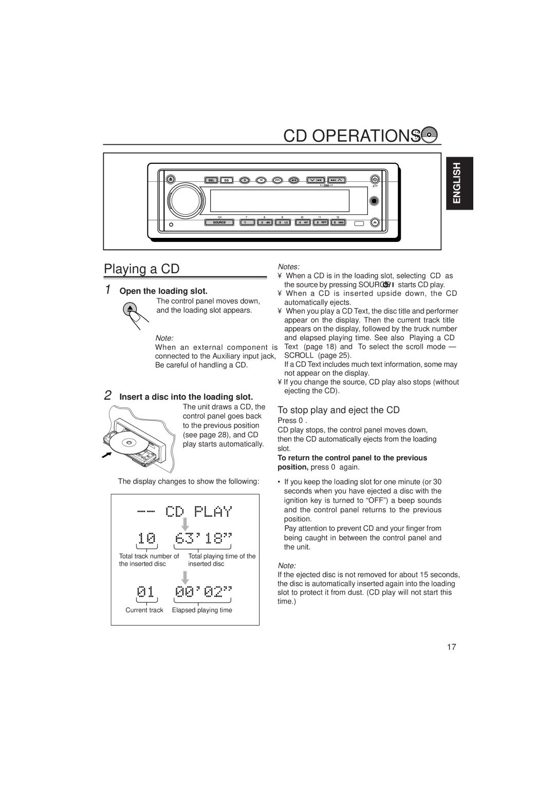 JVC KD-SH77R, KD-SH55R manual CD Operations, Playing a CD, To stop play and eject the CD, Open the loading slot 