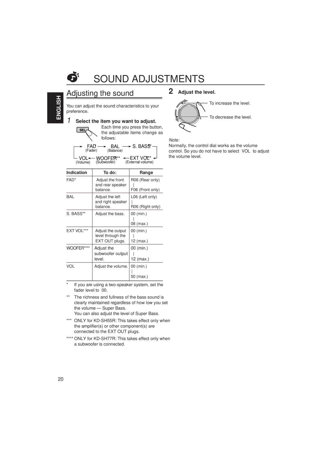 JVC KD-SH55R, KD-SH77R manual Sound Adjustments, Adjusting the sound, Select the item you want to adjust, Adjust the level 