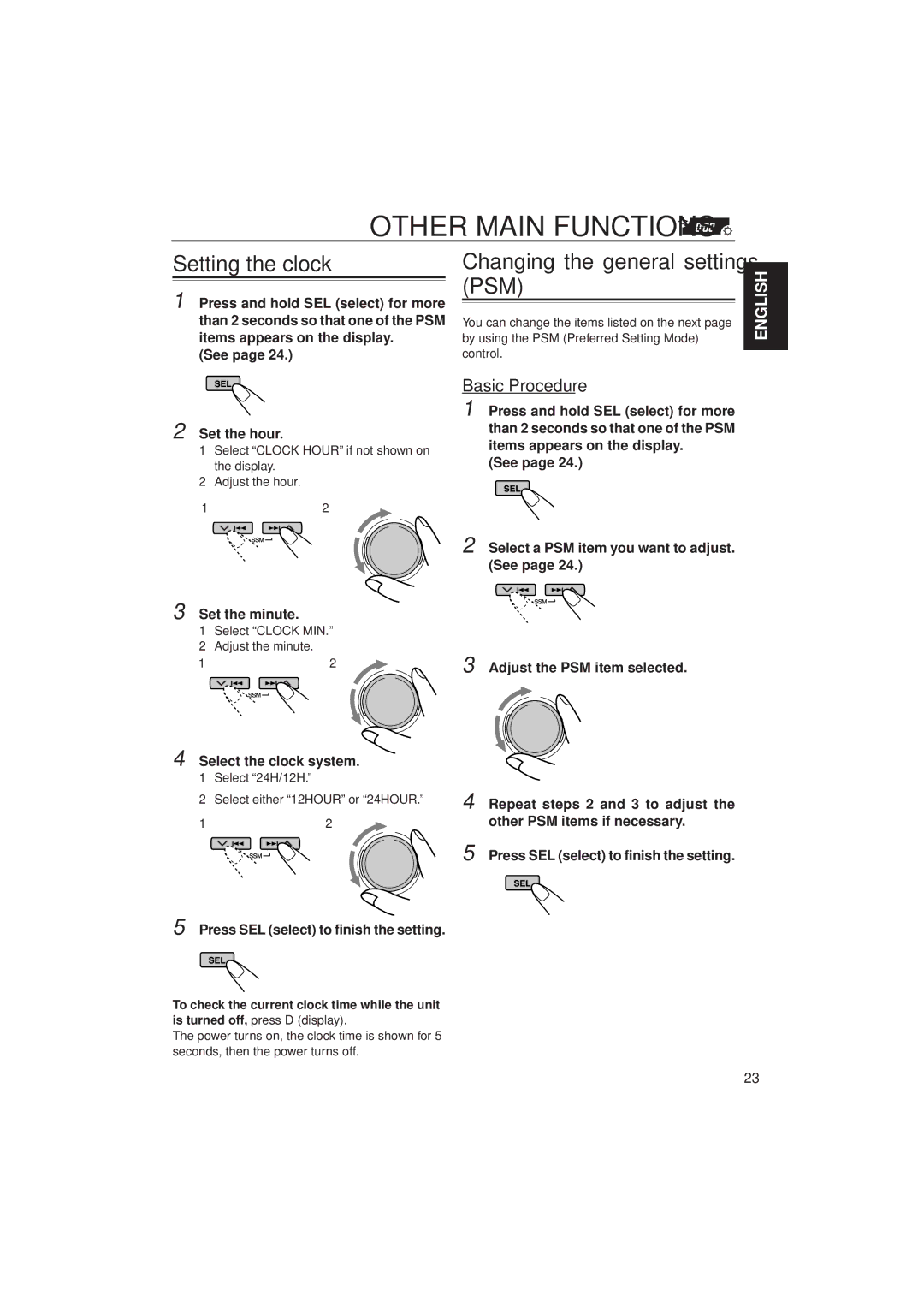 JVC KD-SH77R, KD-SH55R manual Other Main Functions, Setting the clock, Changing the general settings PSM, Basic Procedure 