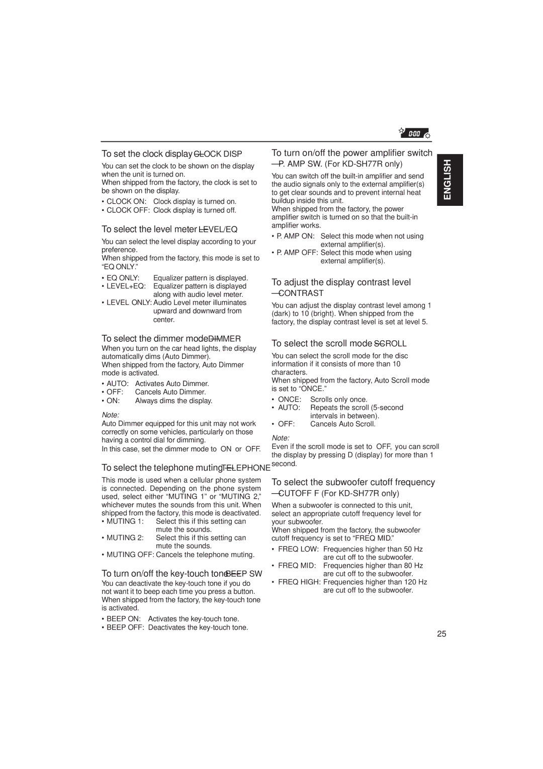 JVC KD-SH77R To set the clock display Clock Disp, To select the level meter LEVEL/EQ, To adjust the display contrast level 