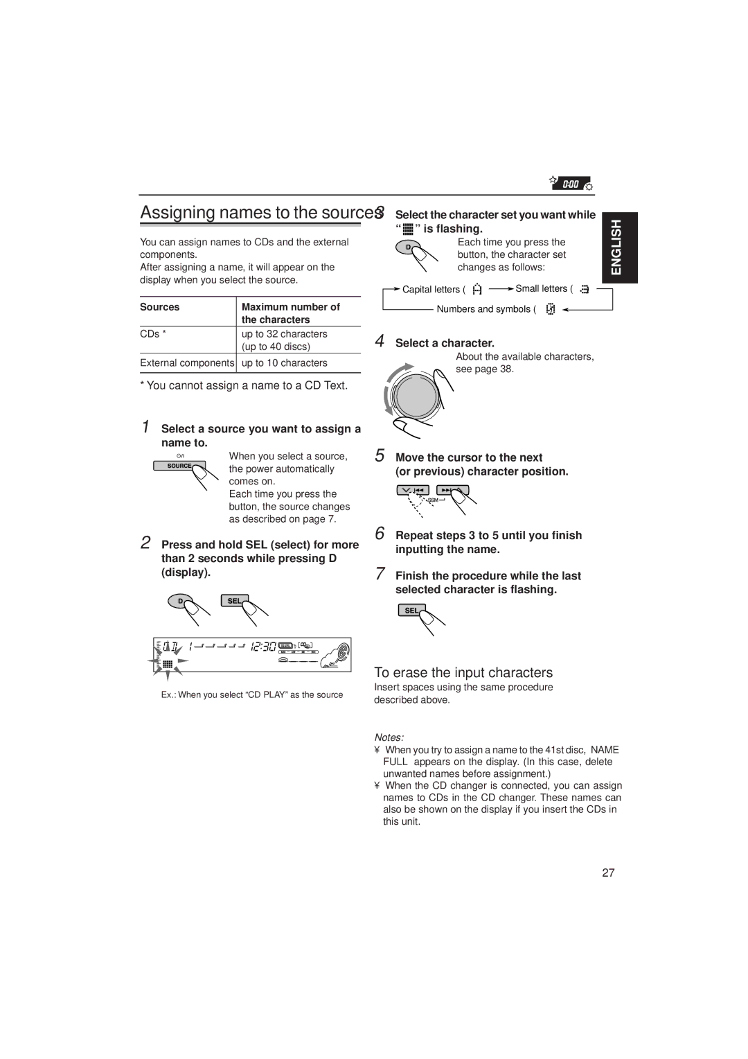 JVC KD-SH77R, KD-SH55R To erase the input characters, Select a source you want to assign a name to, Select a character 