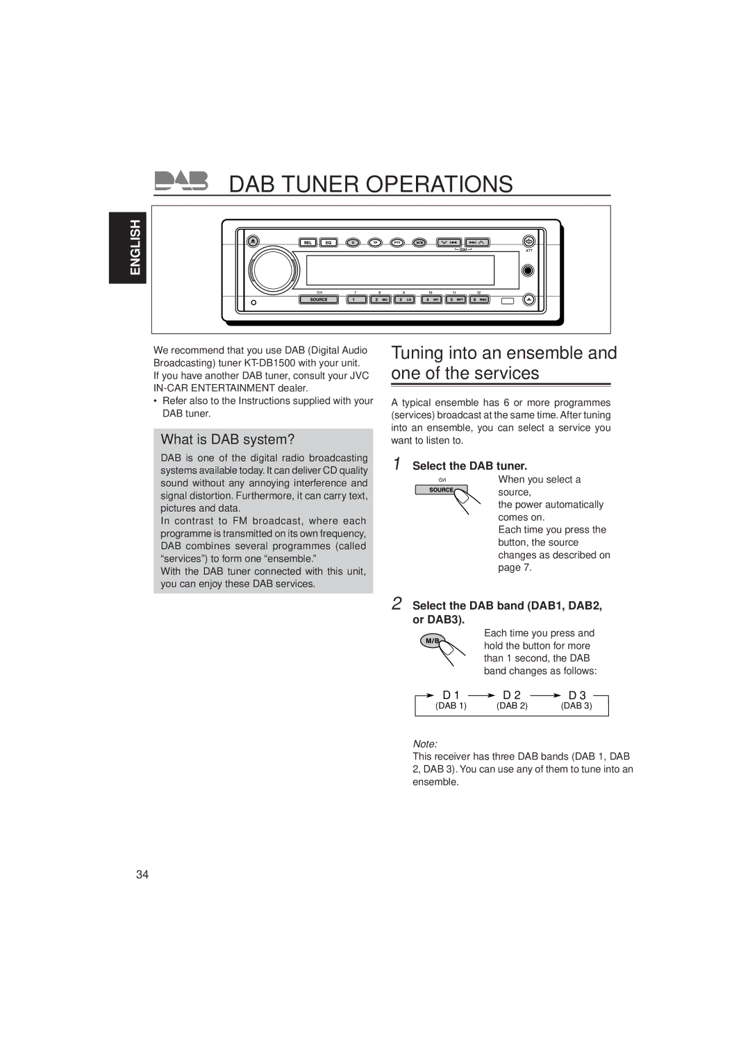 JVC KD-SH55R DAB Tuner Operations, What is DAB system?, Select the DAB tuner, Select the DAB band DAB1, DAB2, or DAB3 