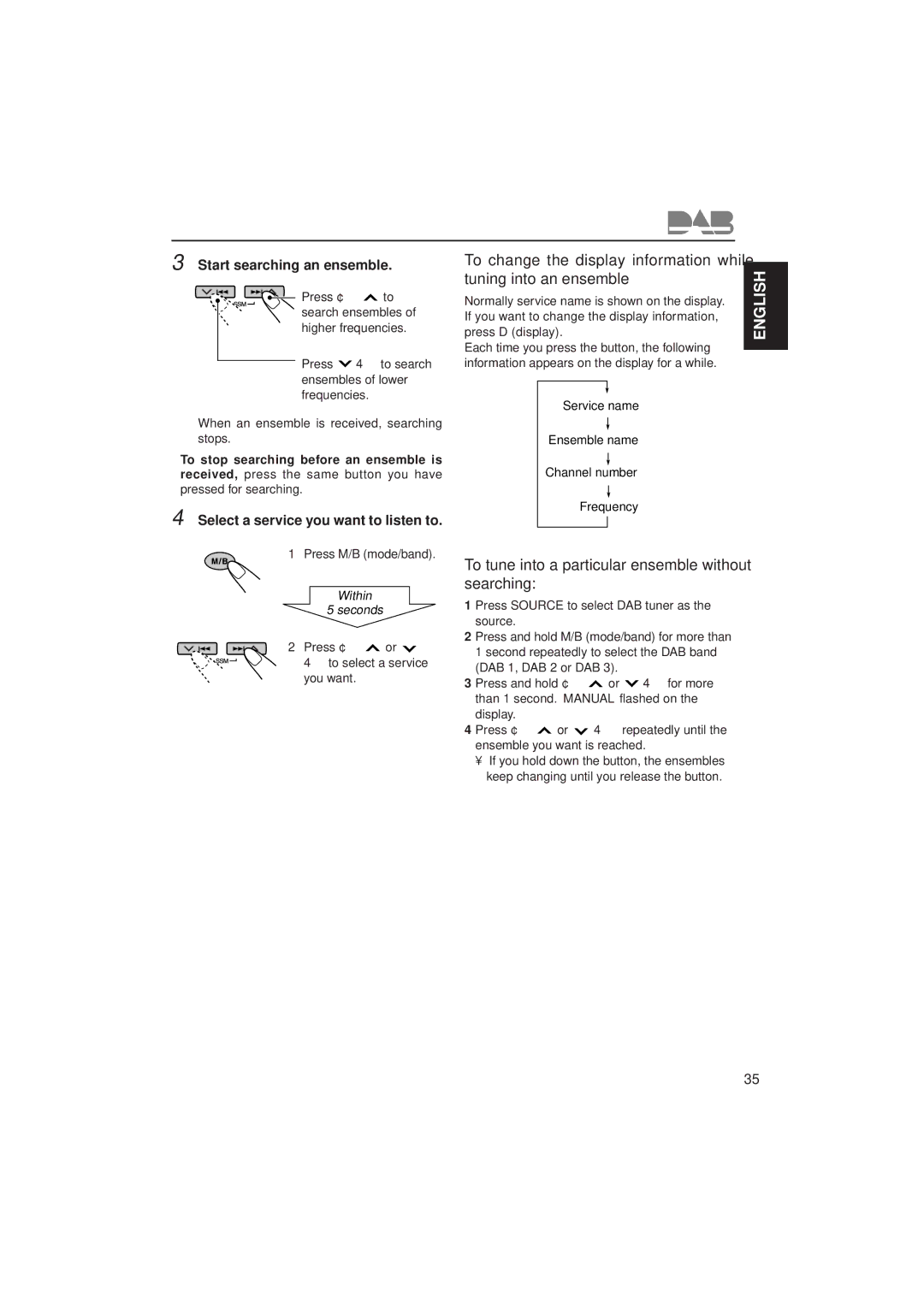 JVC KD-SH77R, KD-SH55R manual Tuning into an ensemble, Start searching an ensemble, Select a service you want to listen to 