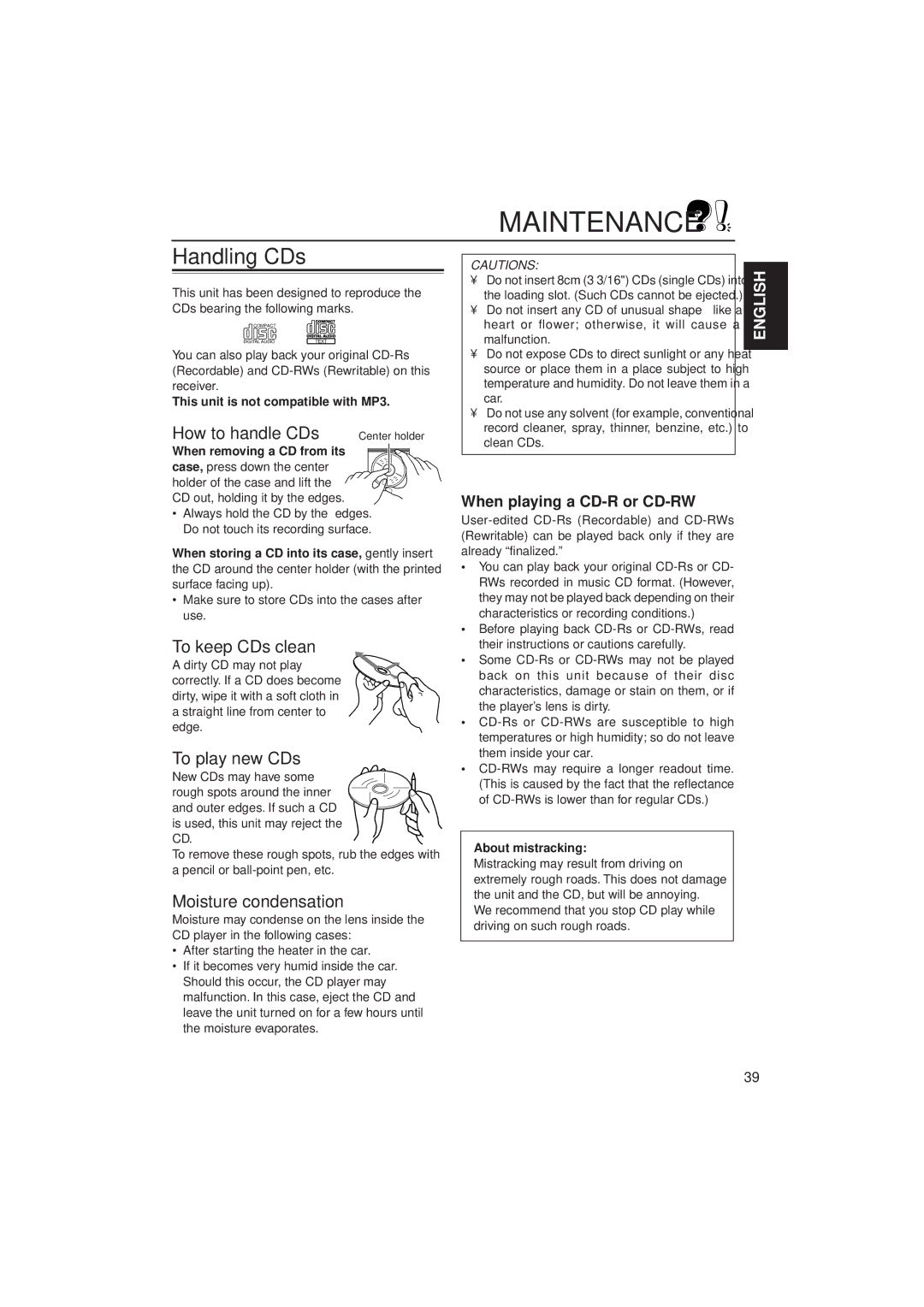 JVC KD-SH77R, KD-SH55R manual Maintenance, Handling CDs 