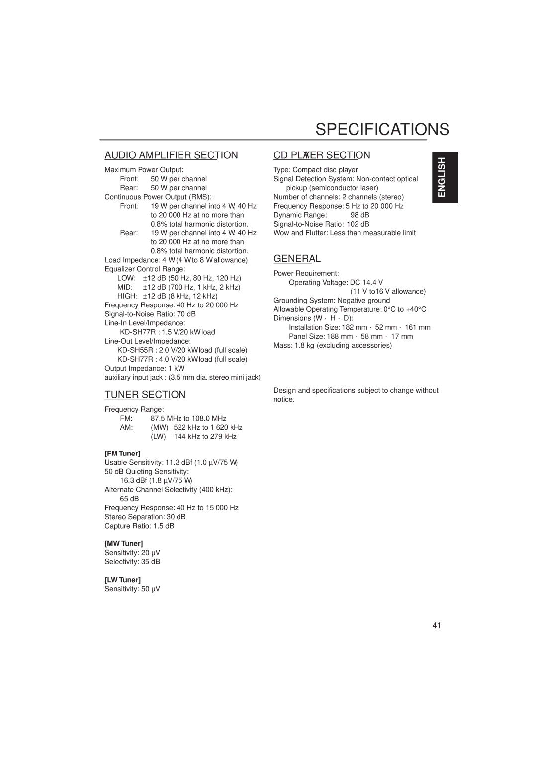 JVC KD-SH77R, KD-SH55R manual Specifications, FM Tuner, MW Tuner, LW Tuner 