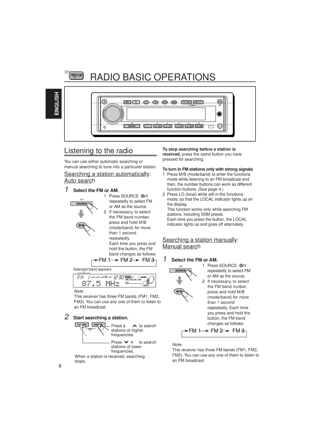 JVC KD-SH55R Radio Basic Operations, Listening to the radio, Searching a station automatically Auto search, FM 1 FM 2 FM 