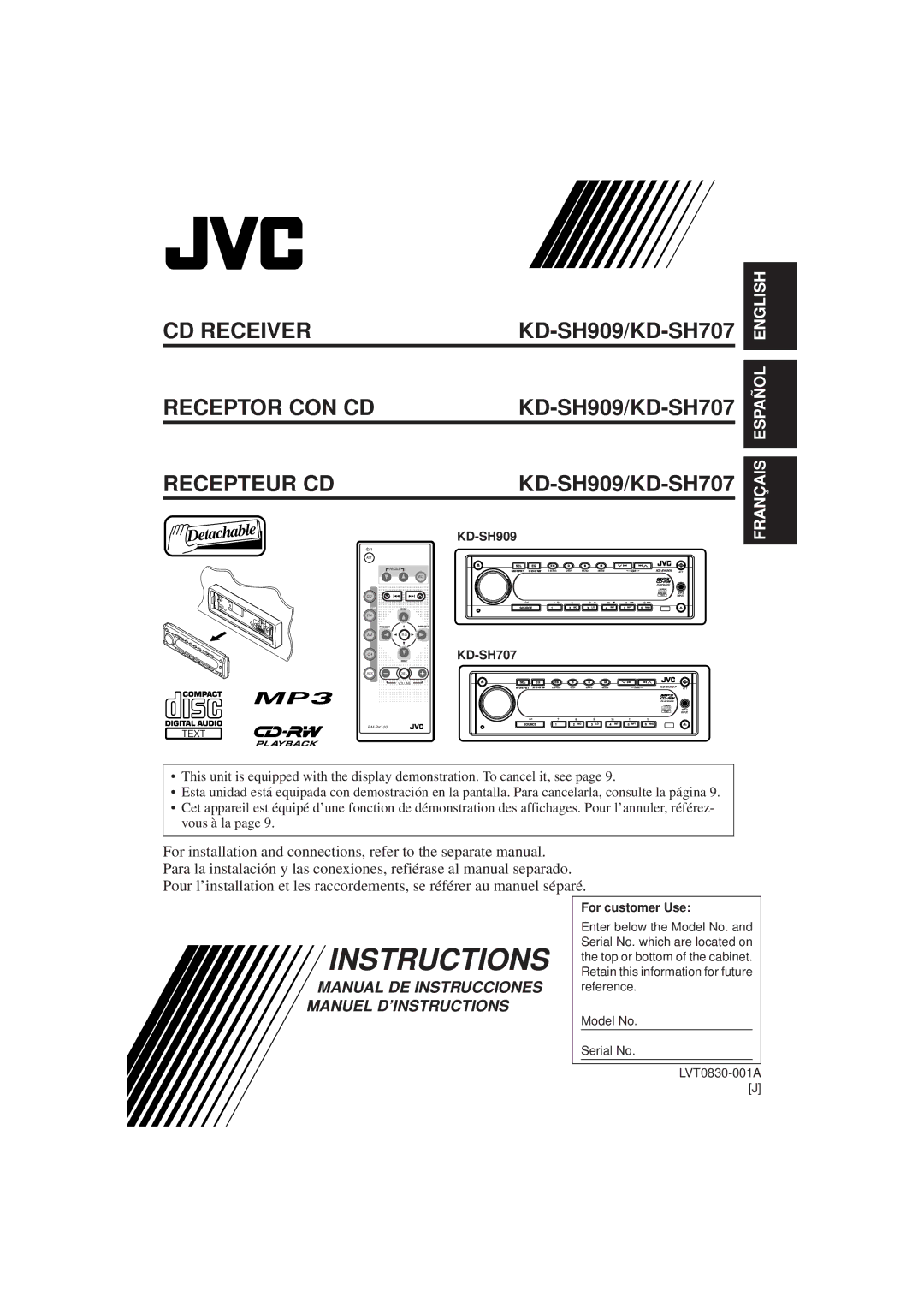 JVC manual KD-SH909/KD-SH707, For customer Use 