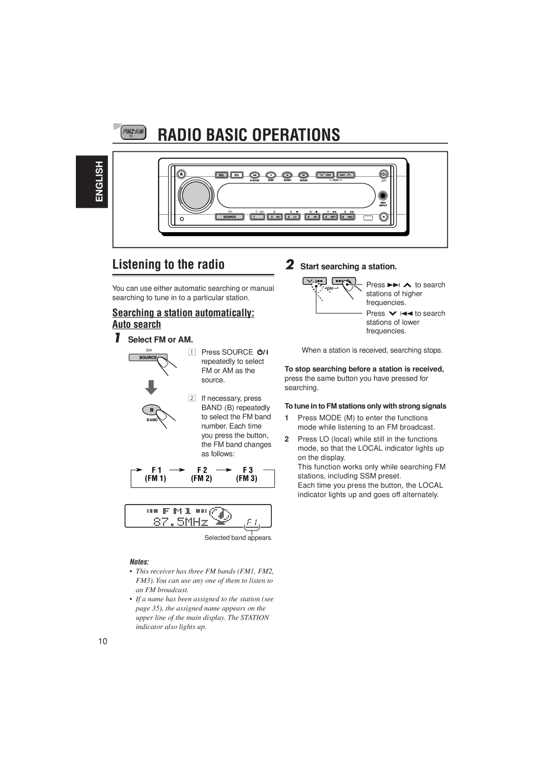 JVC KD-SH707 manual Radio Basic Operations, Listening to the radio, Searching a station automatically Auto search 