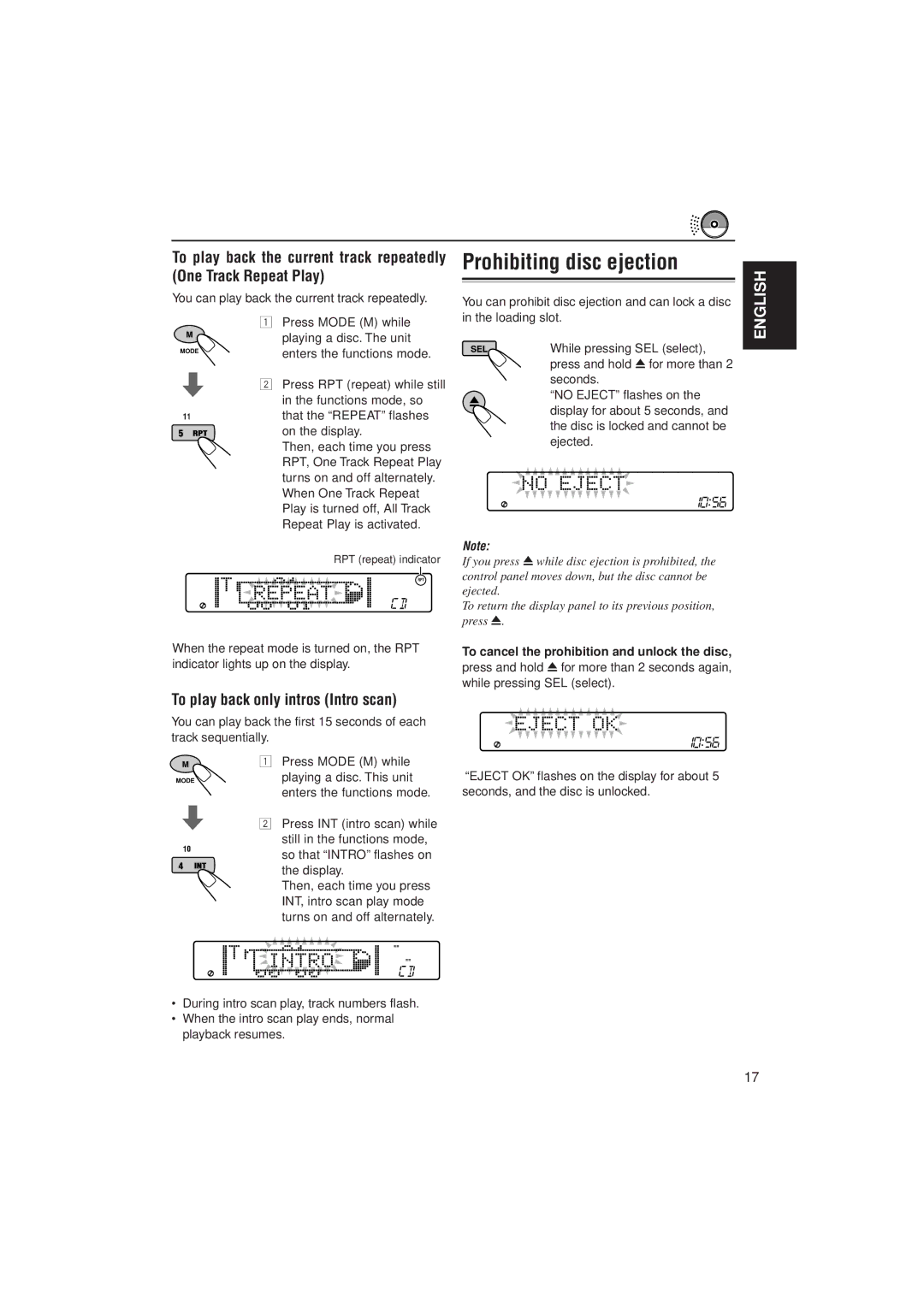 JVC KD-SH707 manual Prohibiting disc ejection, To play back only intros Intro scan, Enters the functions mode 