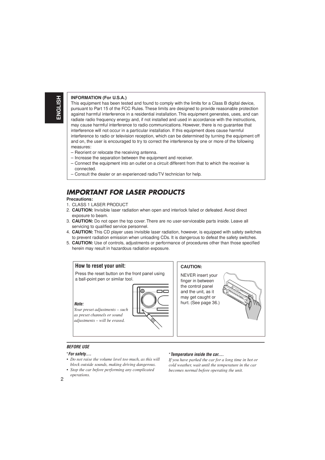 JVC KD-SH707 manual How to reset your unit, Information For U.S.A, Precautions 