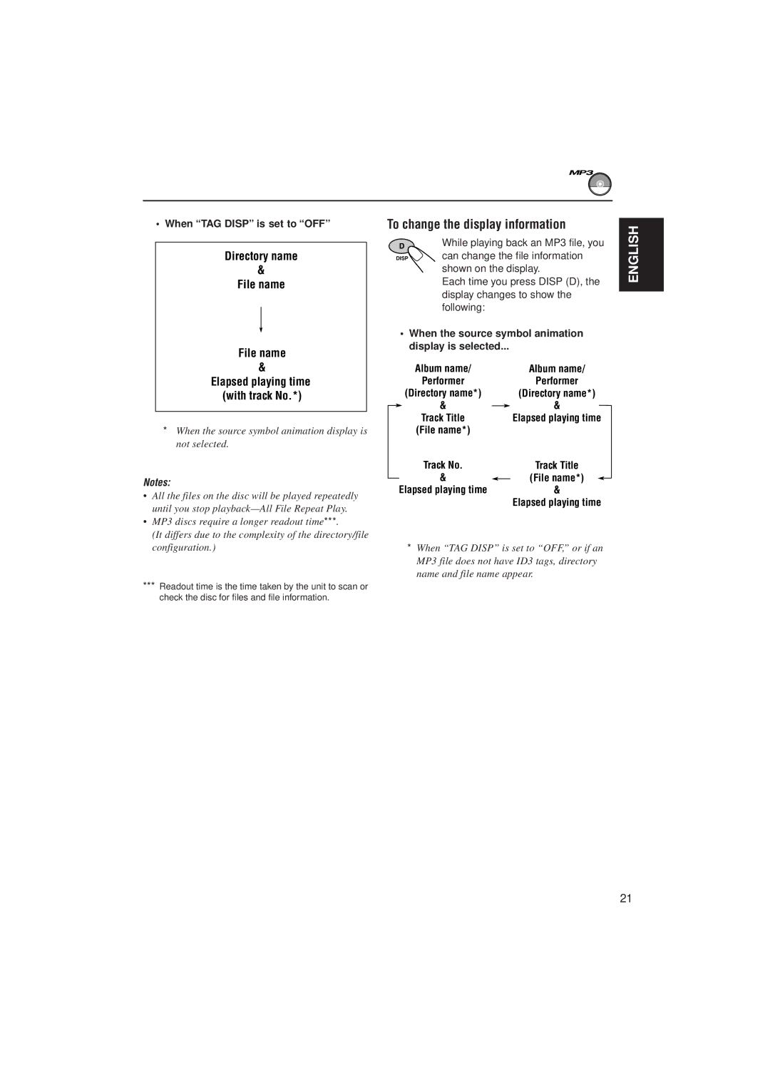 JVC KD-SH707 manual To change the display information, Directory name File name, When TAG Disp is set to OFF 