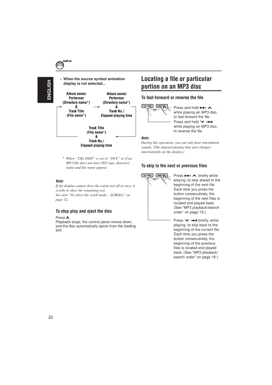 JVC KD-SH707 To fast-forward or reverse the file, To skip to the next or previous files, When the source symbol animation 