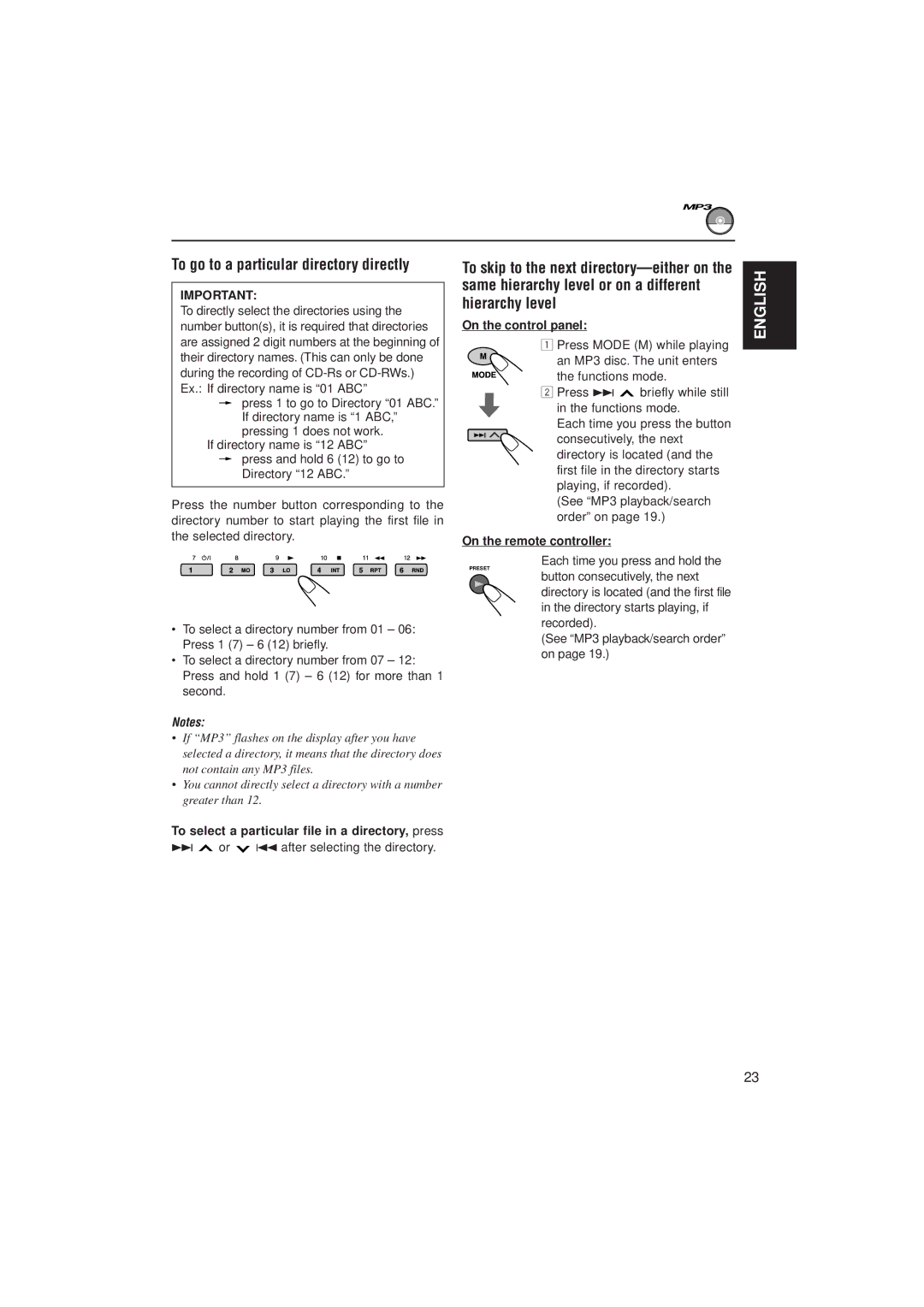 JVC KD-SH707 manual To go to a particular directory directly, To select a particular file in a directory, press 