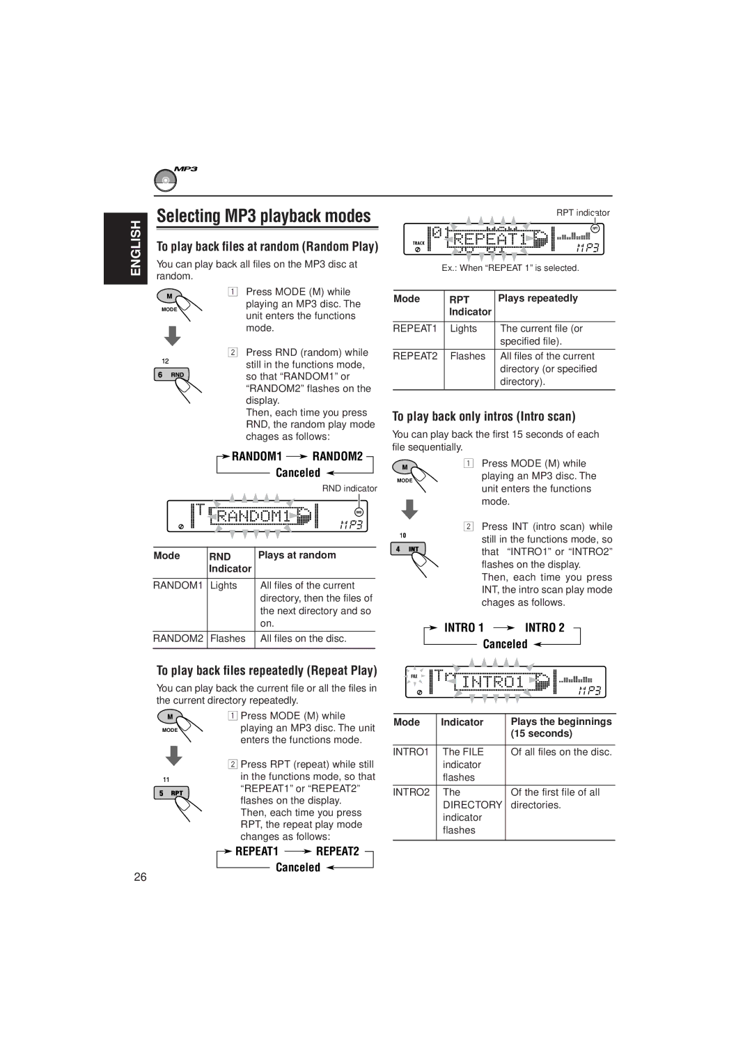 JVC KD-SH707 manual To play back files at random Random Play, Canceled, To play back files repeatedly Repeat Play, Intro 